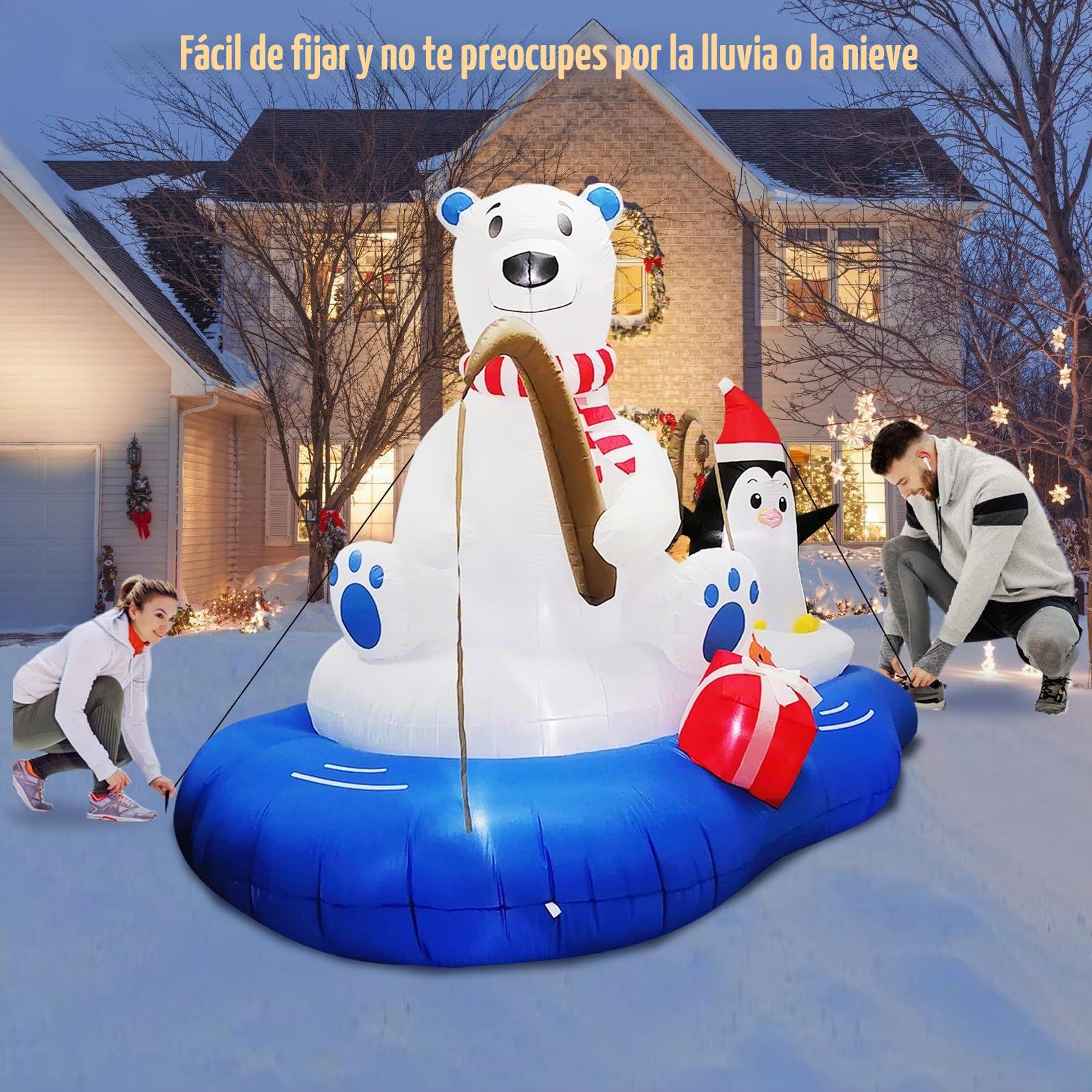 6FT (180CM) Inflables navideños de Oso Polar pescando con pingüino, inflables navideños de Oso Polar y pingüino para Decoraciones navideñas al Aire Libre en el Patio