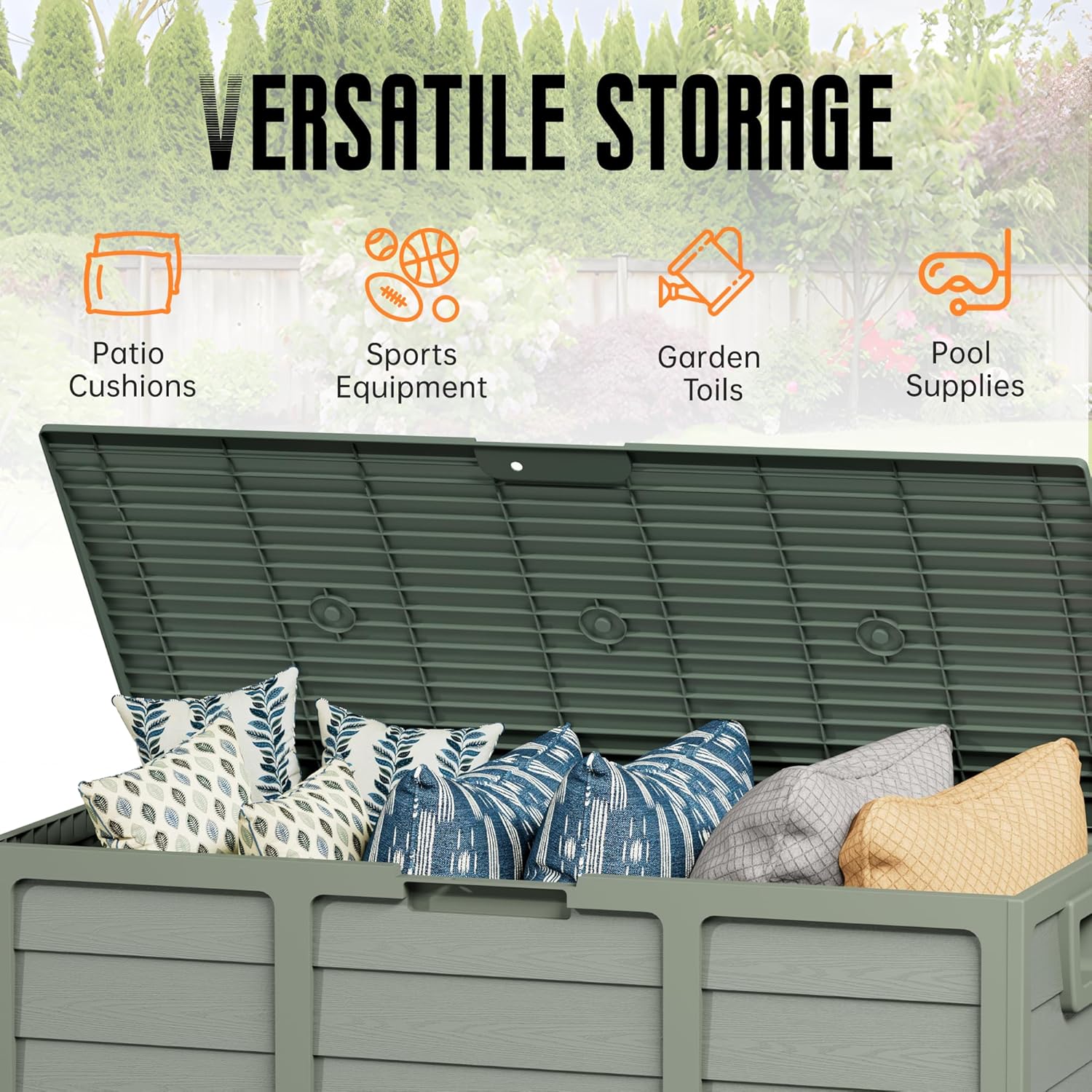 Crownland Outdoor 75 Gallon Storage Deck Box, Weatherproof Woodgrain Patio Storage Box for Balcony, Garden, Backyard (Green)