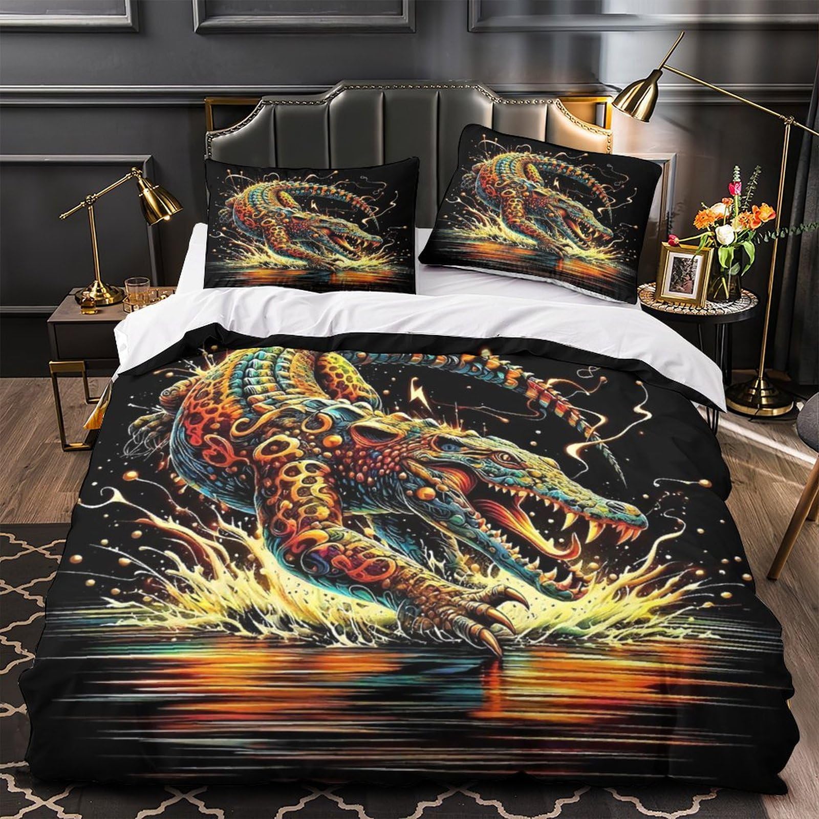Housse de couette 260x220 crocodile imprimé 3D avec taies d'oreiller