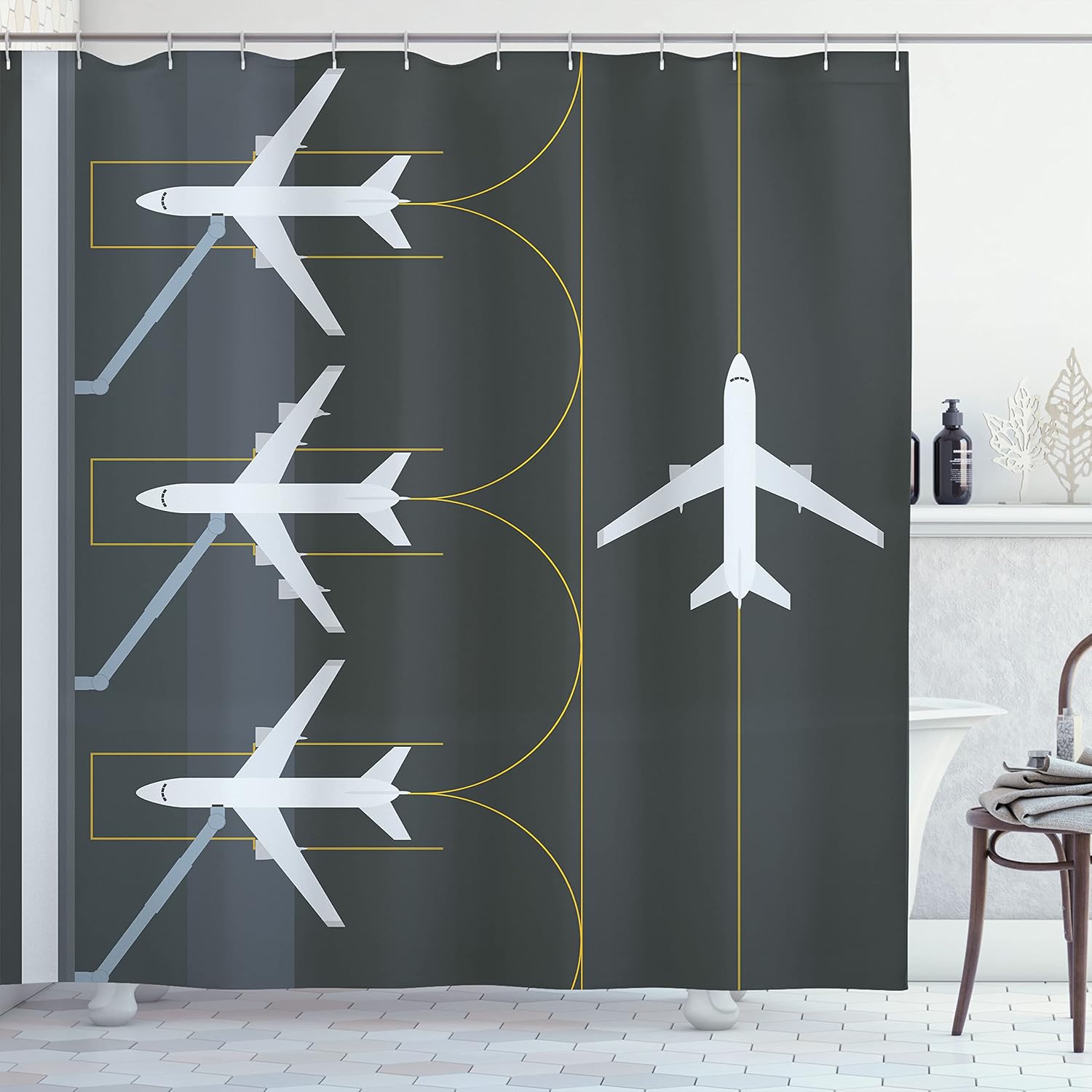 Ambesonne Airport Shower Curtain, Aviation Themed Simple Illustration of Parked Airplanes Landed in Airfield, Cloth Fabric Bathroom Decor Set with Hooks, 69" W x 70" L, White Dimgray Fawn