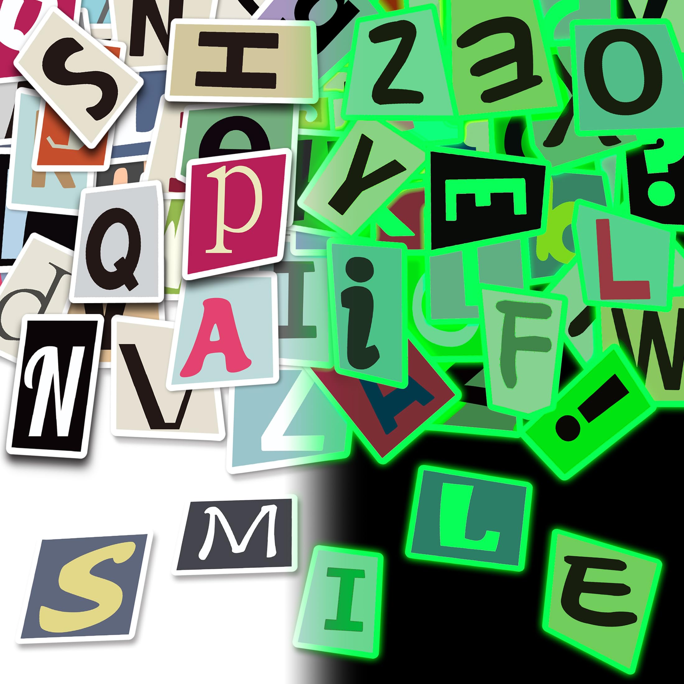 108 Pcs Alphabet Stickers Glow in The Dark, Vinyl Letters A-Z Water Bottle Sticker Pack for Teens, Waterproof Skateboard Laptop Decals for Adults Kids
