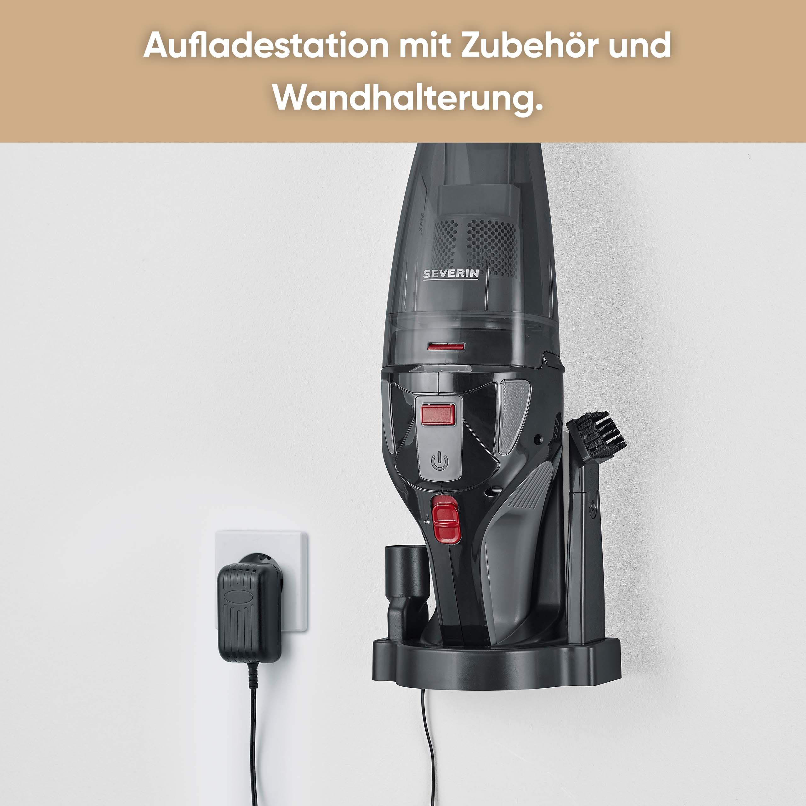 SEVERIN Akku Handstaubsauger kabellos, 18,5 V, 50 Min Laufzeit, Nass- und Trockensauger mit LED-Akku, rotierender Turbobürste und Tragetasche, für Auto, Camping und Tierhaare, HV 7147