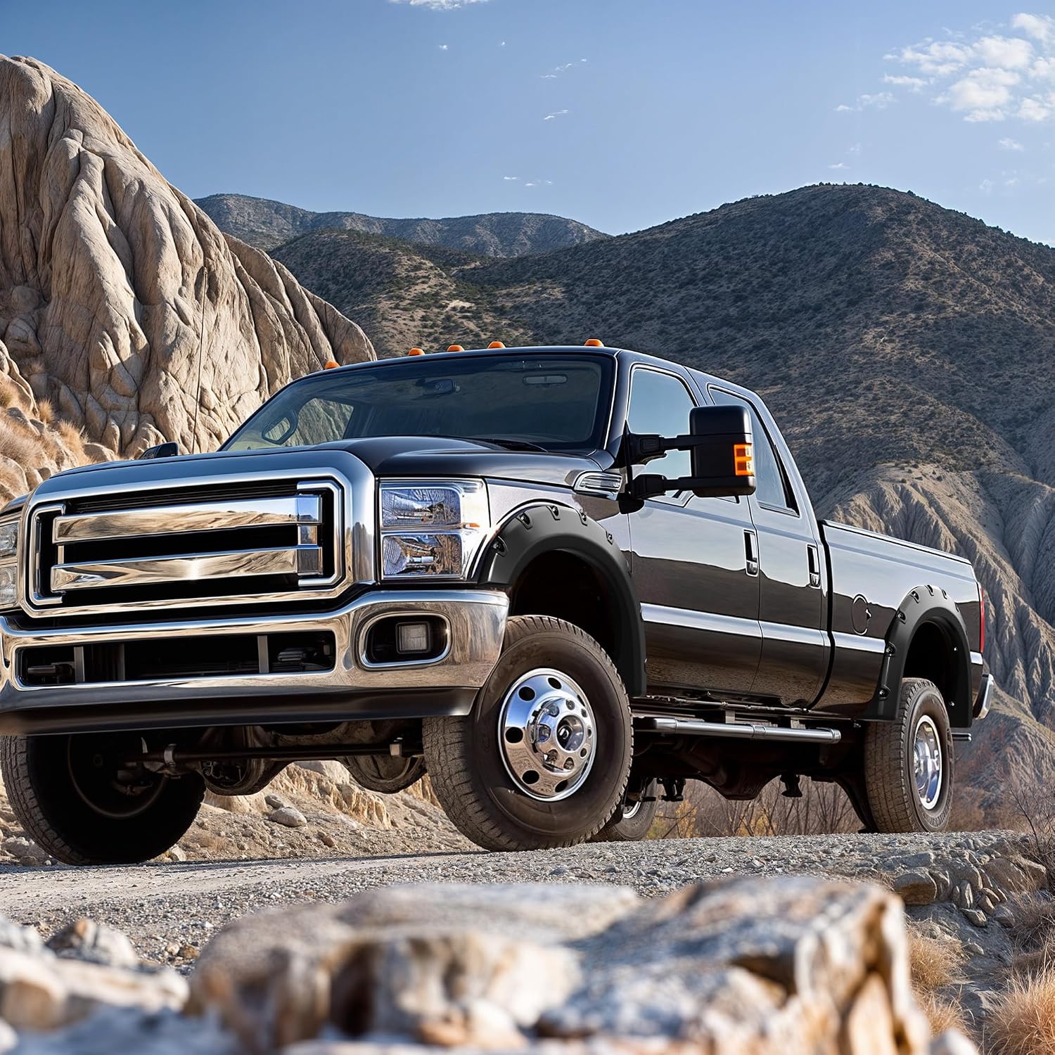 YITAMOTOR Fender Flares Kit, Compatible for 1999-2007 Ford F-250 / F-350 / F-450 Super Duty, Front Rear Wheels w/UV Protected & Dura-Flex Material & Smooth Black Finish Pocket Rivet Style