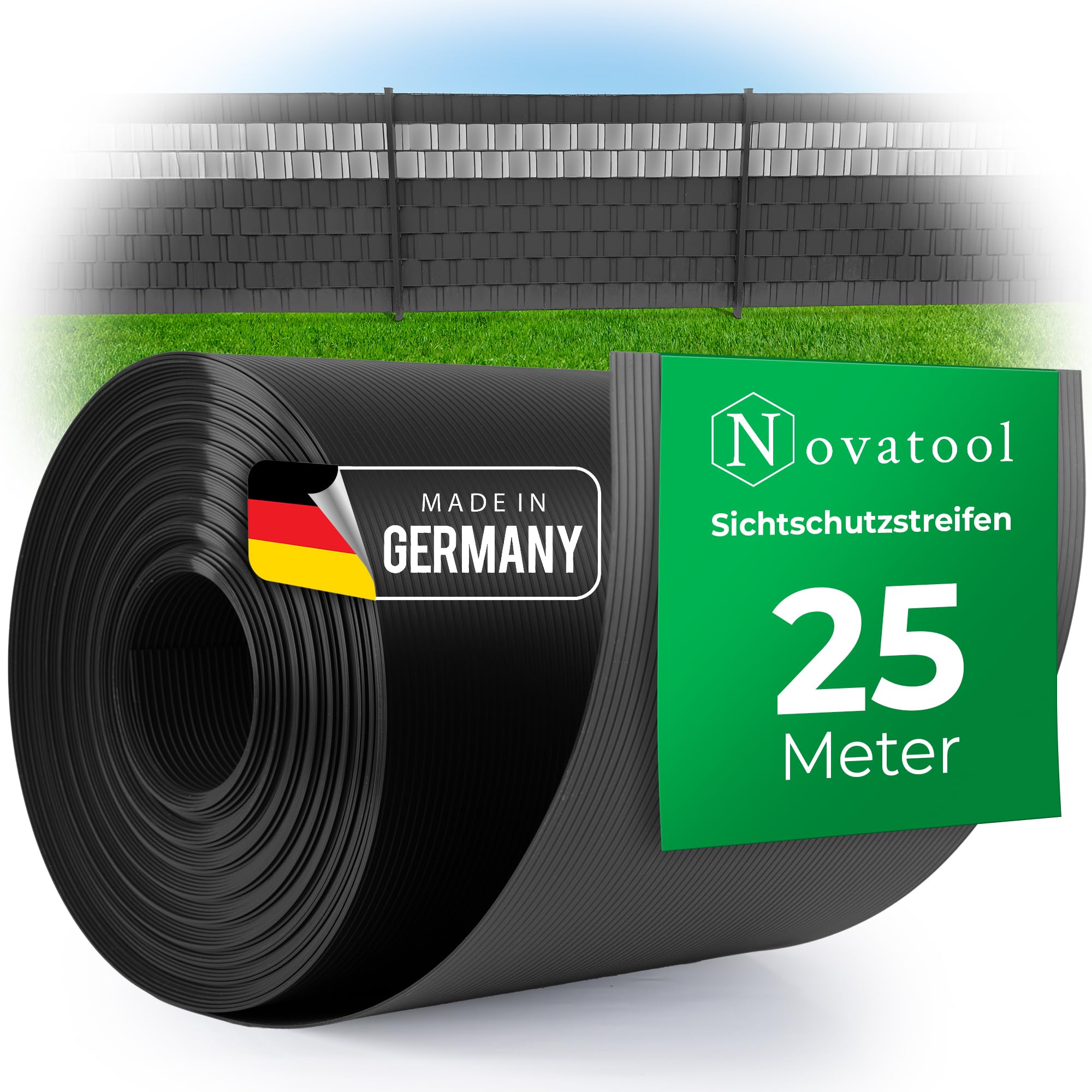 Novatool, rotolo da 25m, striscia di protezione in PP Premium ANTRACITE RAL 7016, 19 cm per 10 file di recinzione a doppia asta, striscia di protezione GRIGIA con scanalature, elementi di recinzione