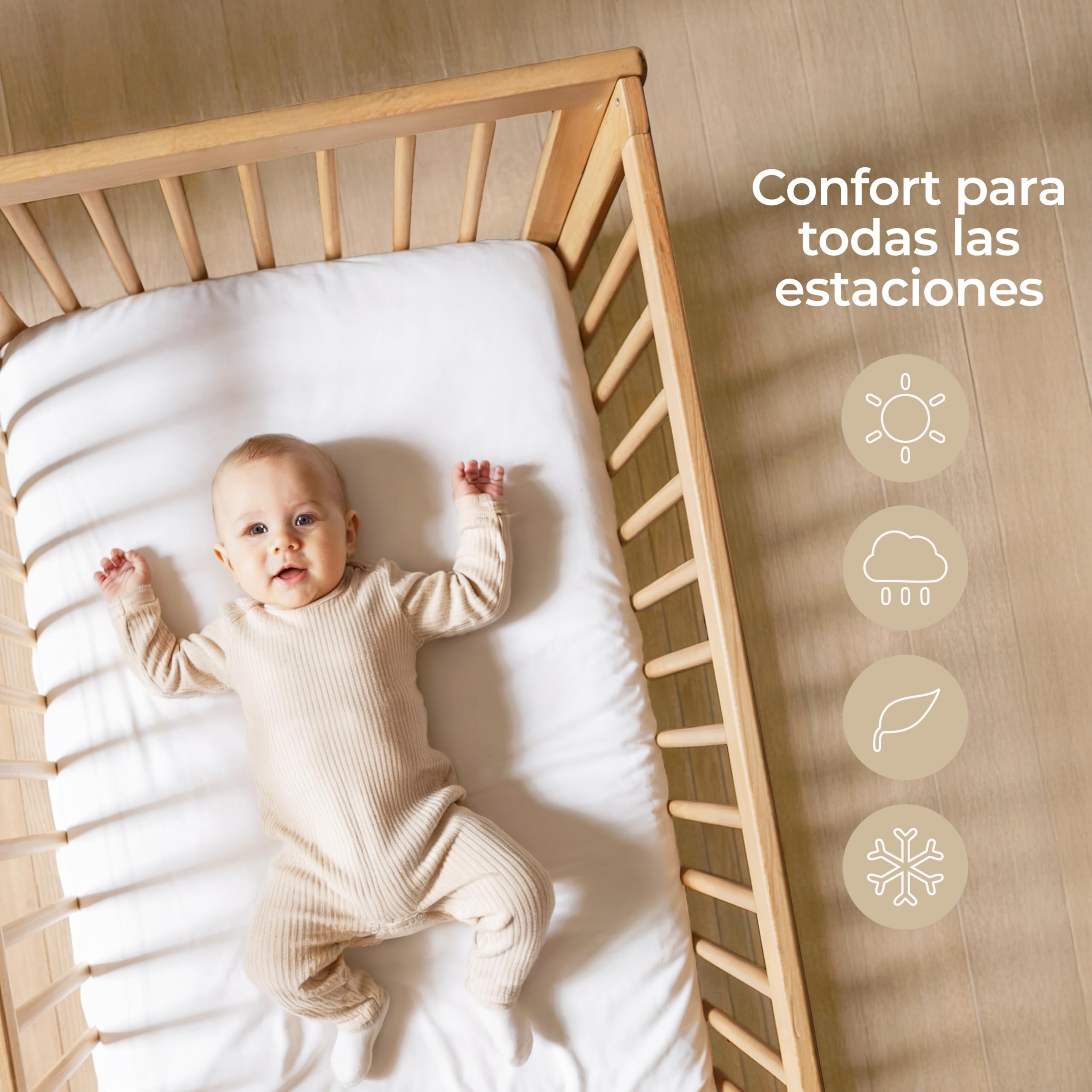 Dreamzie Juego de 2 Sabana Bajera Cuna 70x140 Algodon - Ajustables, Oeko Tex Certificado - Sabanas Cuna 70x140 para Colchon y Cama Infantil - Beige/Blanco