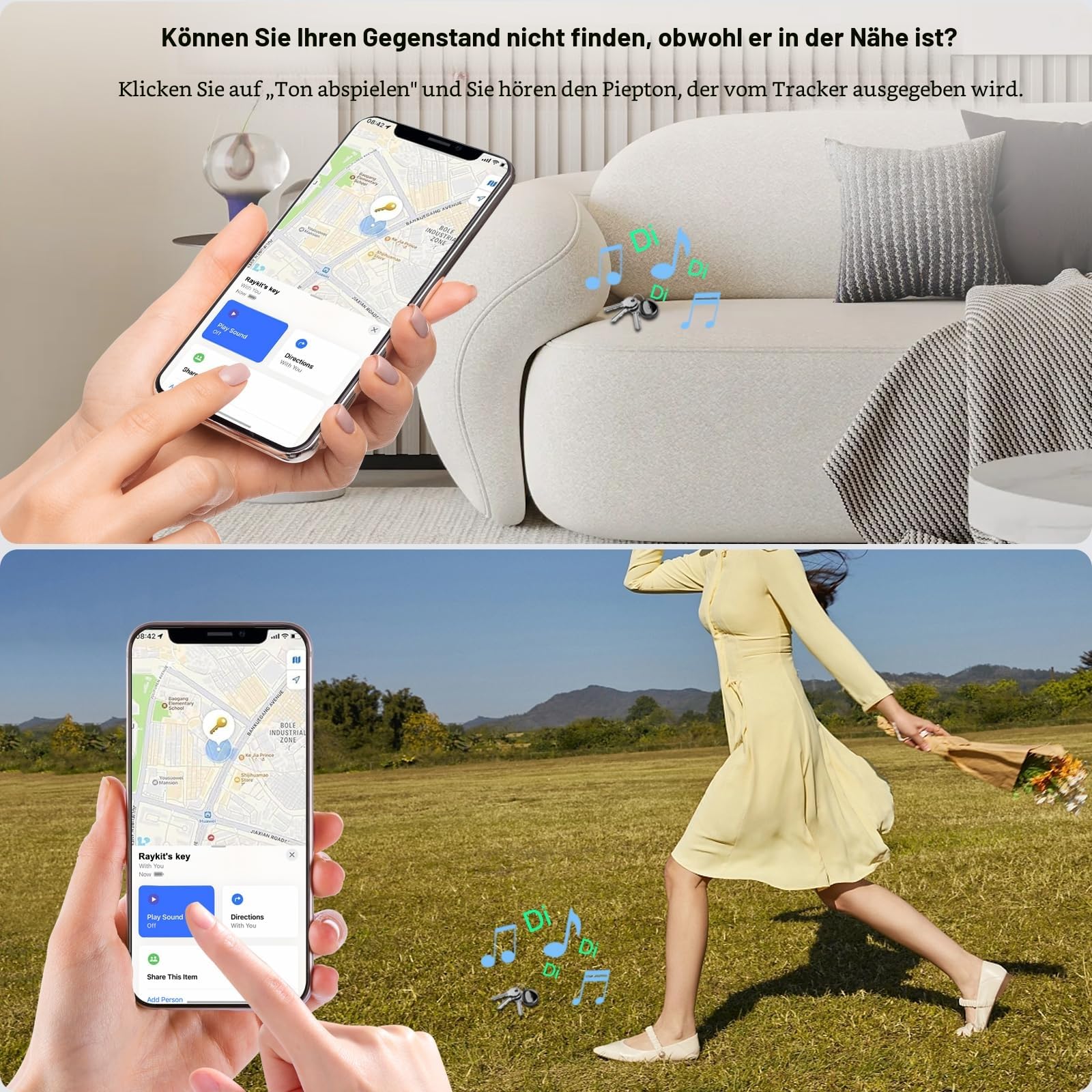 Air Tracker Tags 4er Pack Kompatibel mit Apple Wo ist? APP (Nur iOS), Schlüsselfinder mit 80dB Piepton, IP67 wasserdicht Smart Tag, Austauschbarer Akku, Key Tracker für Rucksack, Schlüssel, Koffer