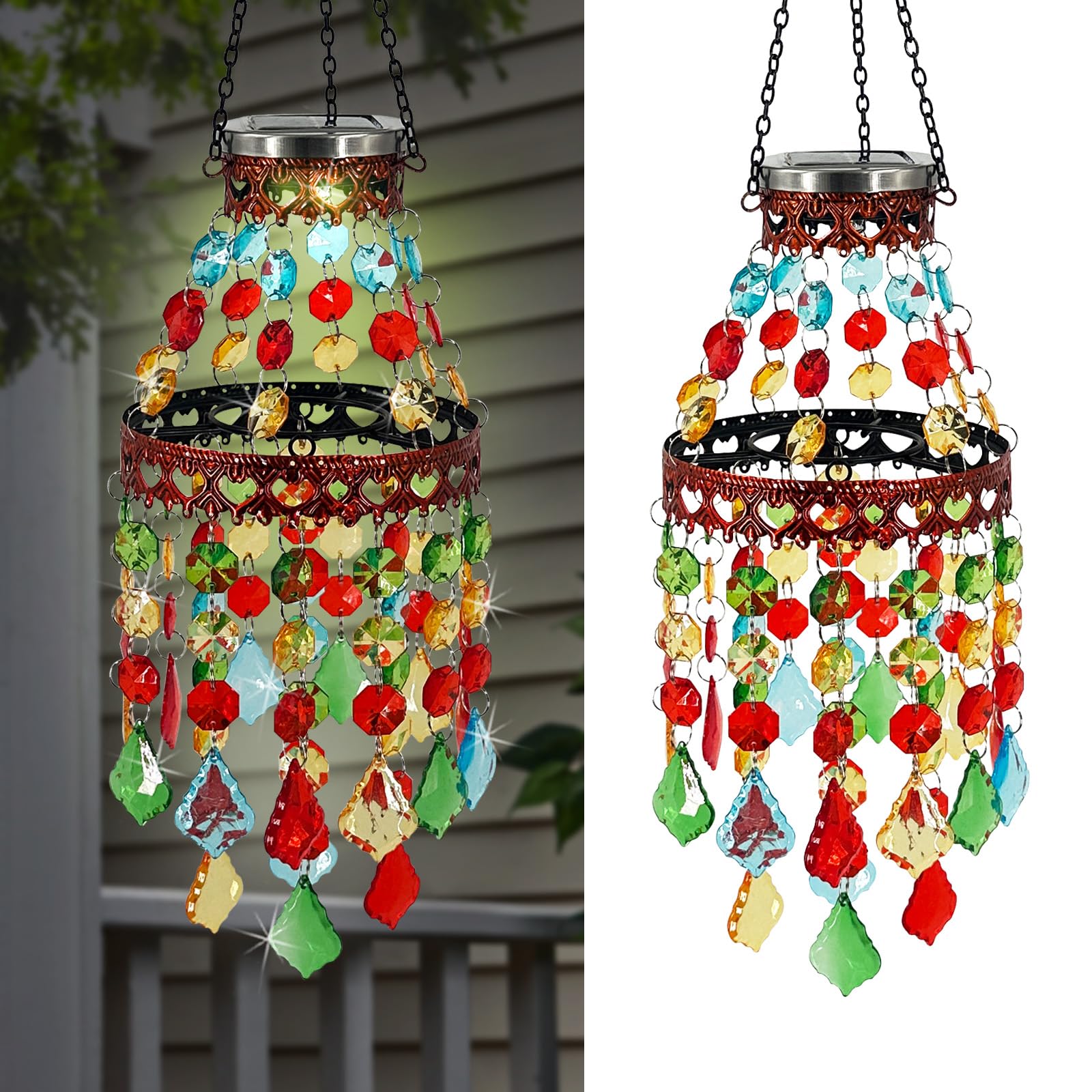 Lanterne solaire suspendue avec carillon éolien en cristal acrylique à 2 niveaux pour terrasse