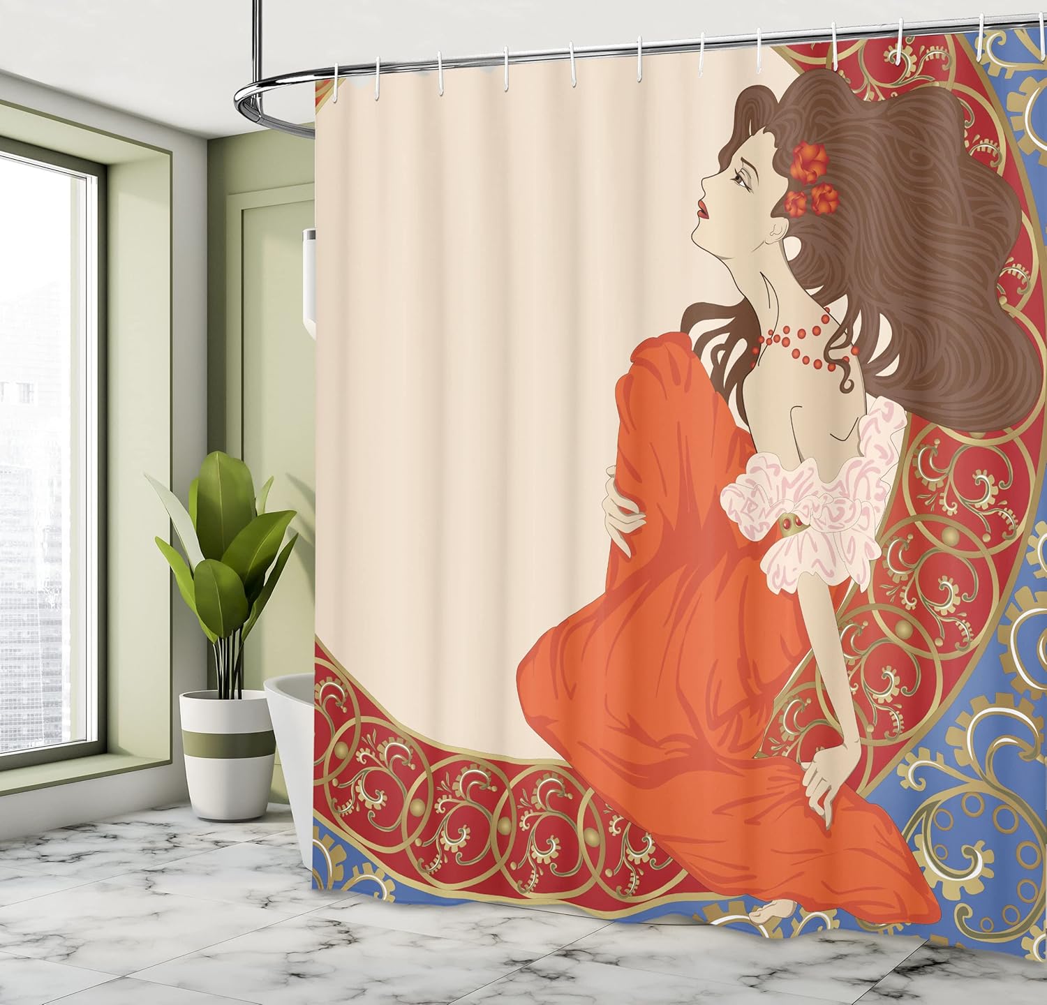 Ambesonne Art Nouveau Shower Curtain, Antique Woman in an Old Fashioned Medieval Dress Floral Rich Framework Print, Cloth Fabric Bathroom Decor Set with Hooks, 69" W x 70" L, Vermilion Blue