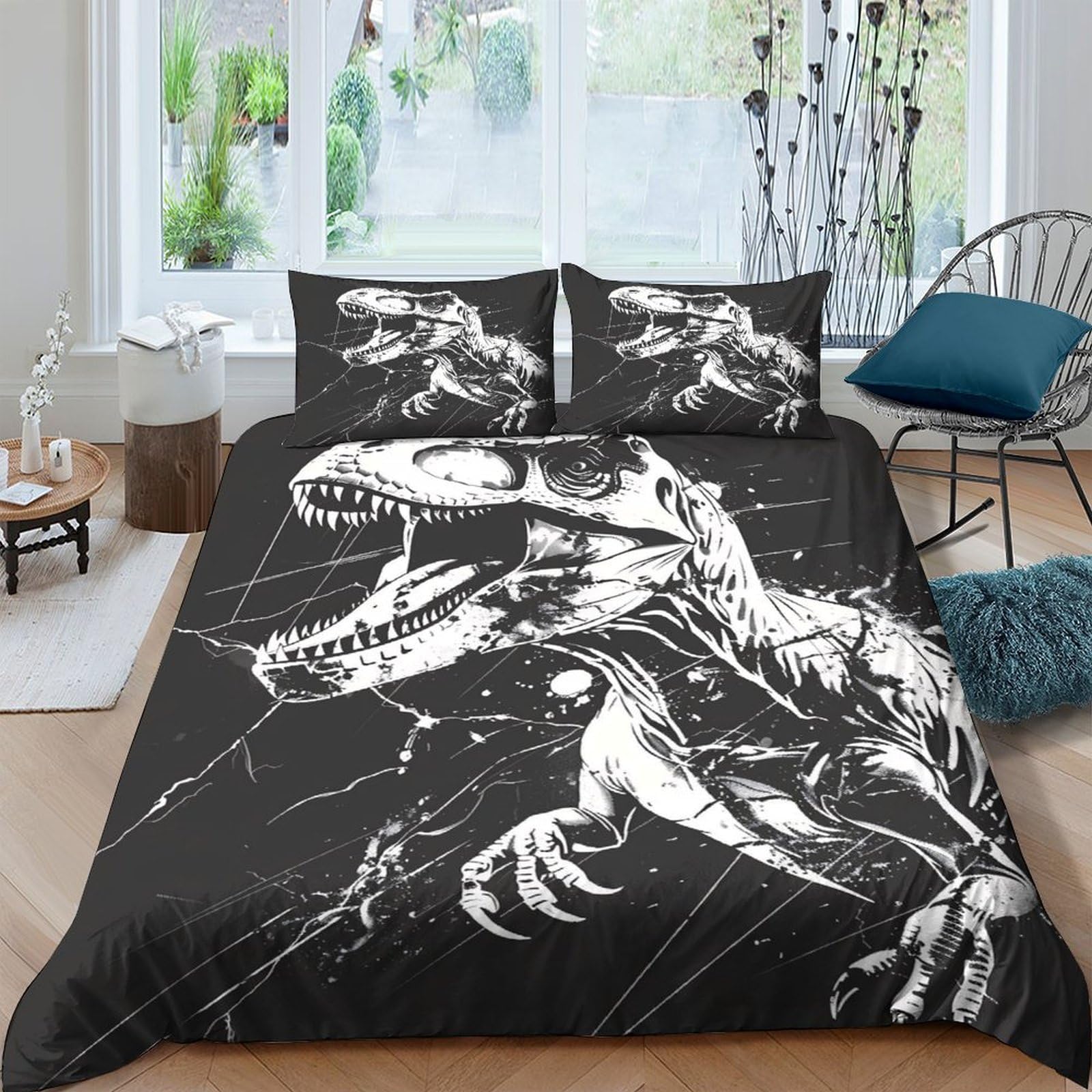 Ctjqhvkz Style-1 3D Printed Black Dinosaur Fitted Sheet Microfiber Soft Anti-Slip White Skeleton Bed Cover For Bedroom Guest Room Decor Single（135X200cm）
