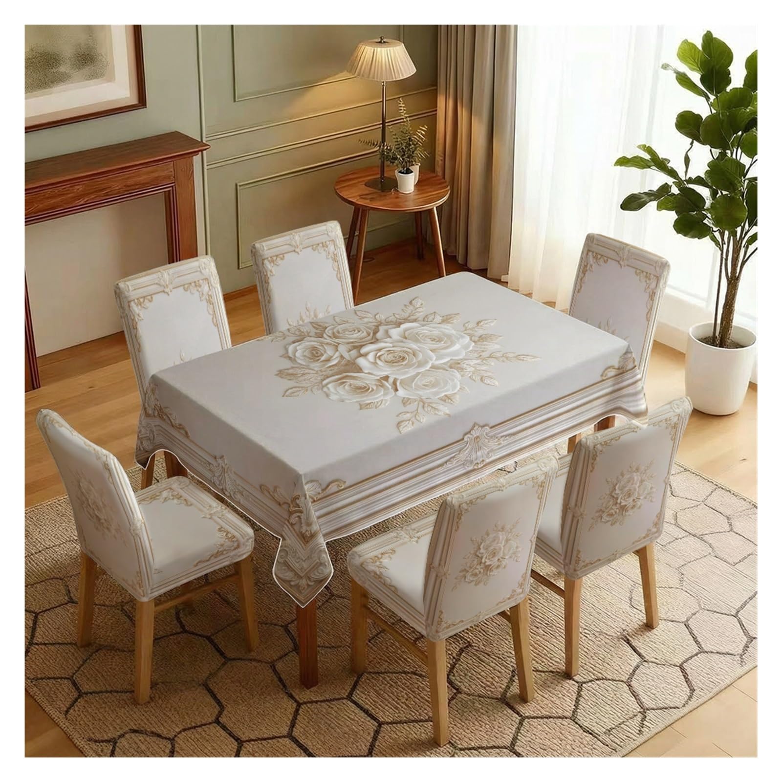 KXUAUV Elegant Baroque Rose Print Stretch Dining Chair Covers & Tablecloth Set, 5/7 Pack Party Decor(7pcs Set: Tablecloth+Chair Covers)