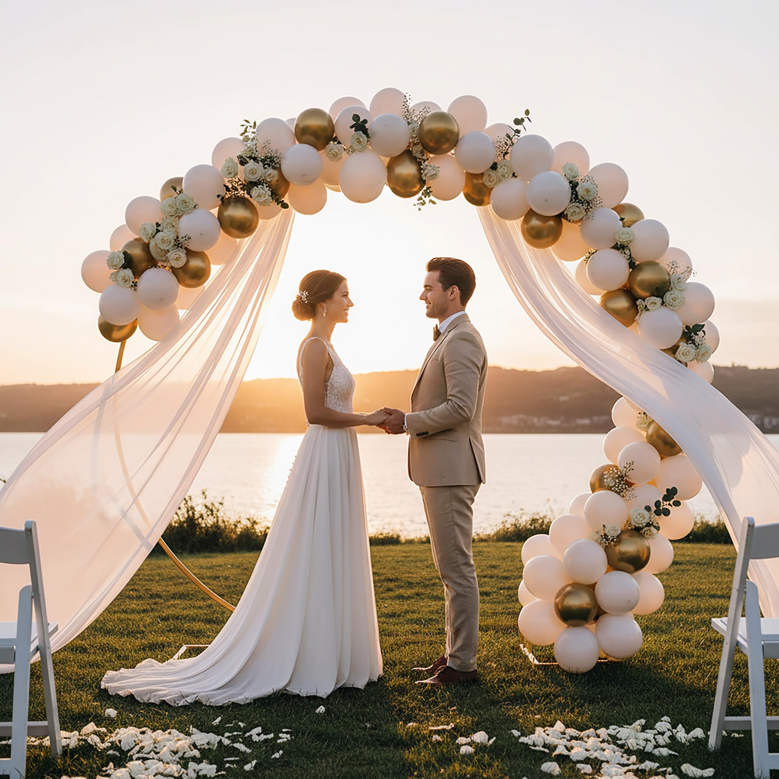 Relaxdays Arco Palloncini, Metallo, Matrimonio, Compleanno, Fidanzamento, A x L: 210x240 cm, Fiori, Arco Decorativo, Oro