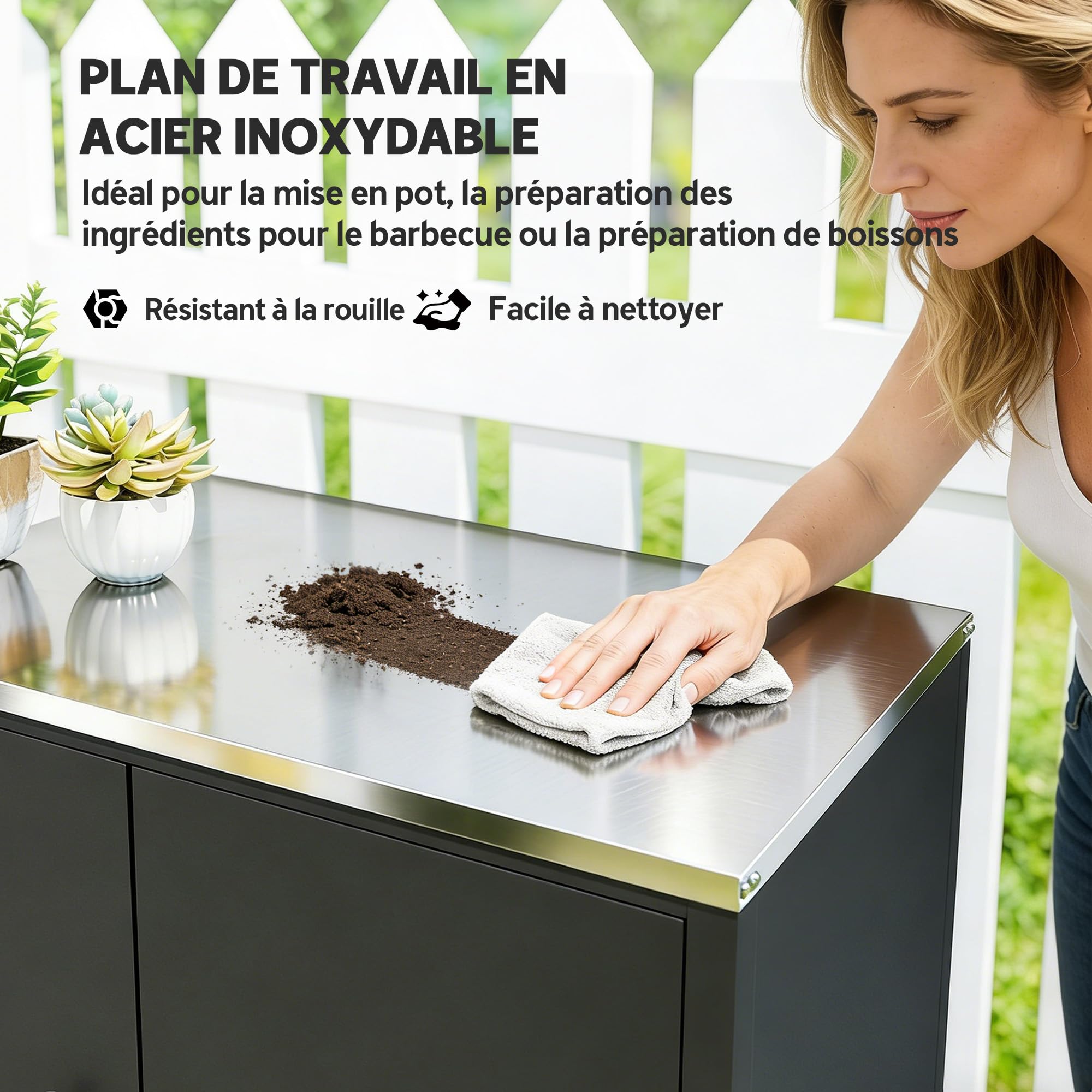 Outsunny Armoire de Jardin en Métal Extérieur, Armoire de Rangement de Jardin avec Toit en Acier Inoxydable et roulettes, Portes Magnétique et Étagère Amovible, 80 x 50 x 90 cm, Noir - 4