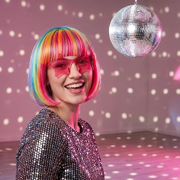 3 Pack Colorful Short Bob Wig For Women,Wig Cap And Sunglasses,Straight Short Bob Wigs, Ideal For Daily Wear, Bachelorette, Halloween, Cosplay,Costume Parties (Multicolor)