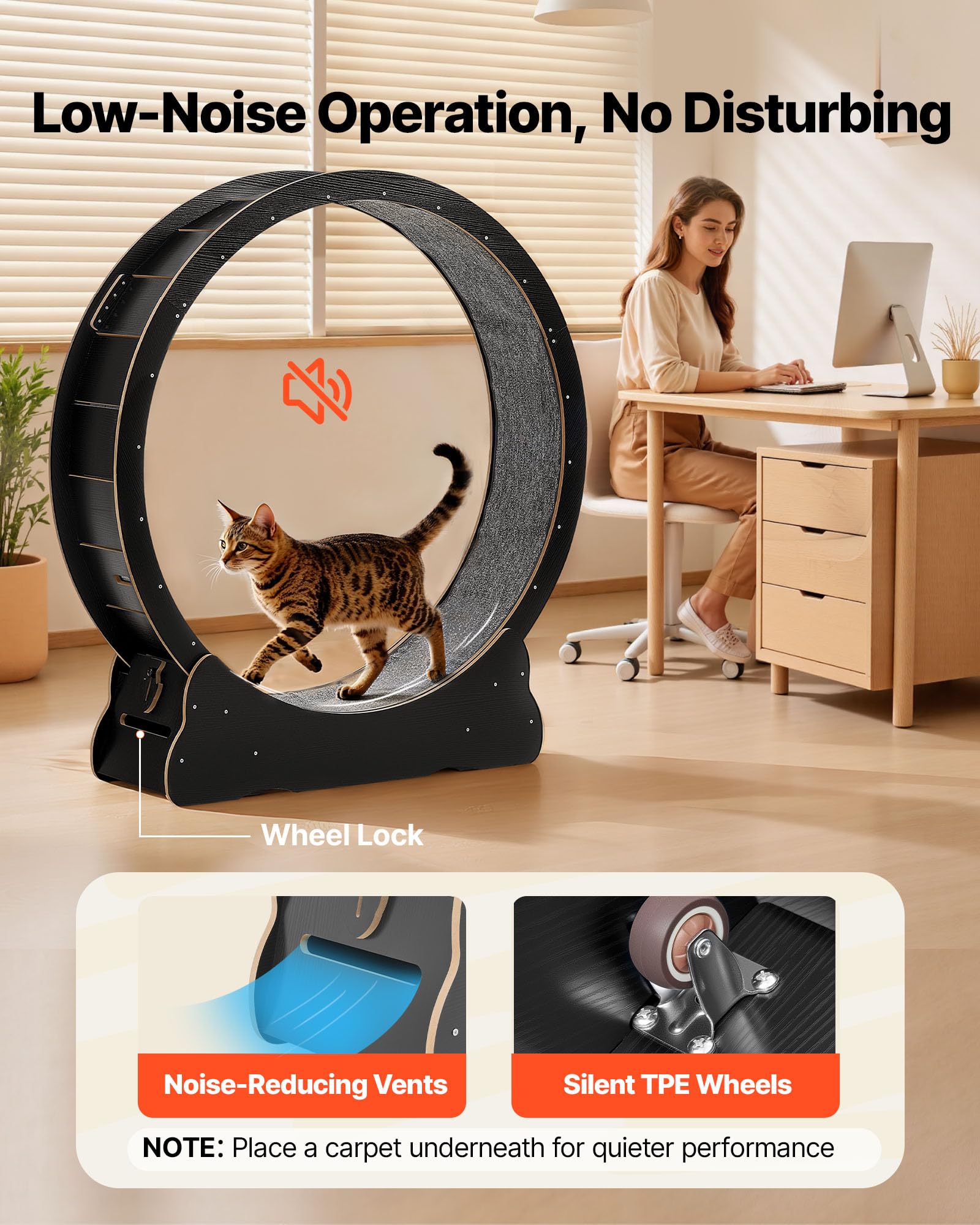 VEVOR Ruota per Esercizi per Gatti, Ruota per Correre in Legno da 132 cm per Gattini da Interno Fino a 12,7 kg, con Pista in Moquette e Meccanismo di Bloccaggio, per Animali Domestici, Fitness Nero