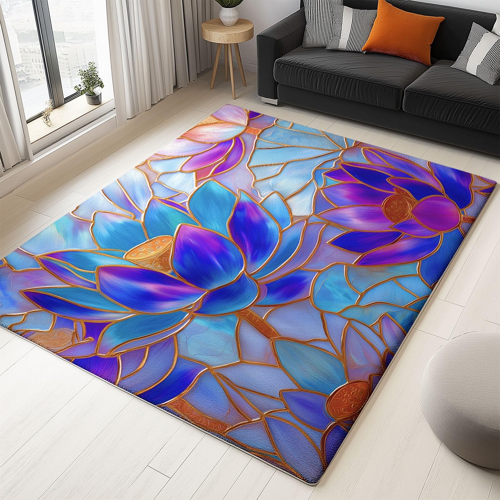 Minimalistyczny dywan zen o wymiarach 180 x 240 cm, podwójny, antypoślizgowy dywan podłogowy z narożnymi taśmami, faktura rośliny, lotosu, zmywalny i chłonny, niskie runo, do pokoju rodzinnego i