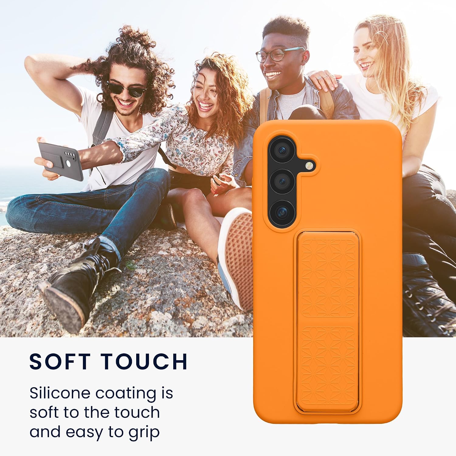 kwmobile Case for Samsung Galaxy S24 Case - Soft TPU Cover with Silicone Coating - with Hand Strap and Stand Function - Shockproof - Fruity Orange image 5
