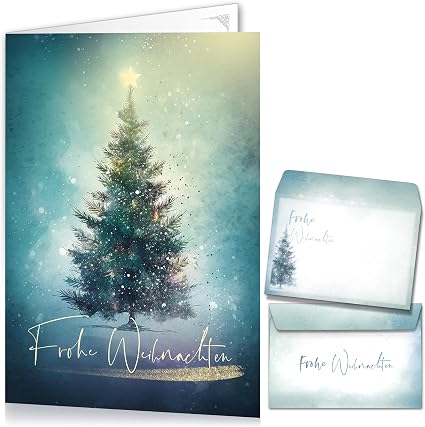 Weihnachtskarten Set Mit Umschlägen – 15er Mix (Lama, Kranz, Baum), Kraftpapier, Partielle Glanzlack-Veredelung, Made In Germany
