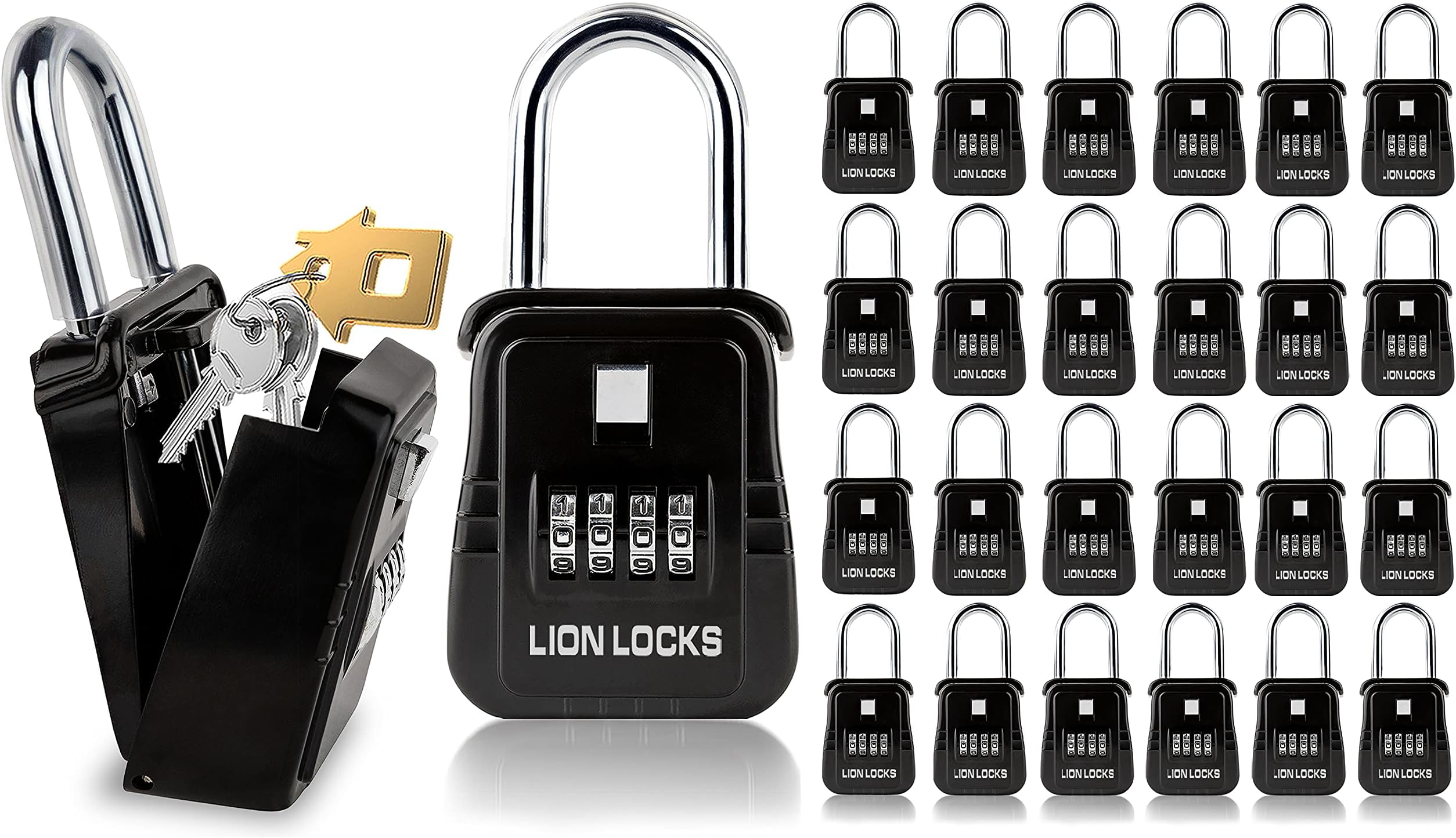 Lion Locks 1500 Key Lock Box with Code, Lockbox for Keys Outdoor, Realtor Lock Box for Short-Term Rentals, Holds 5 Keys (24 Pack, Black)