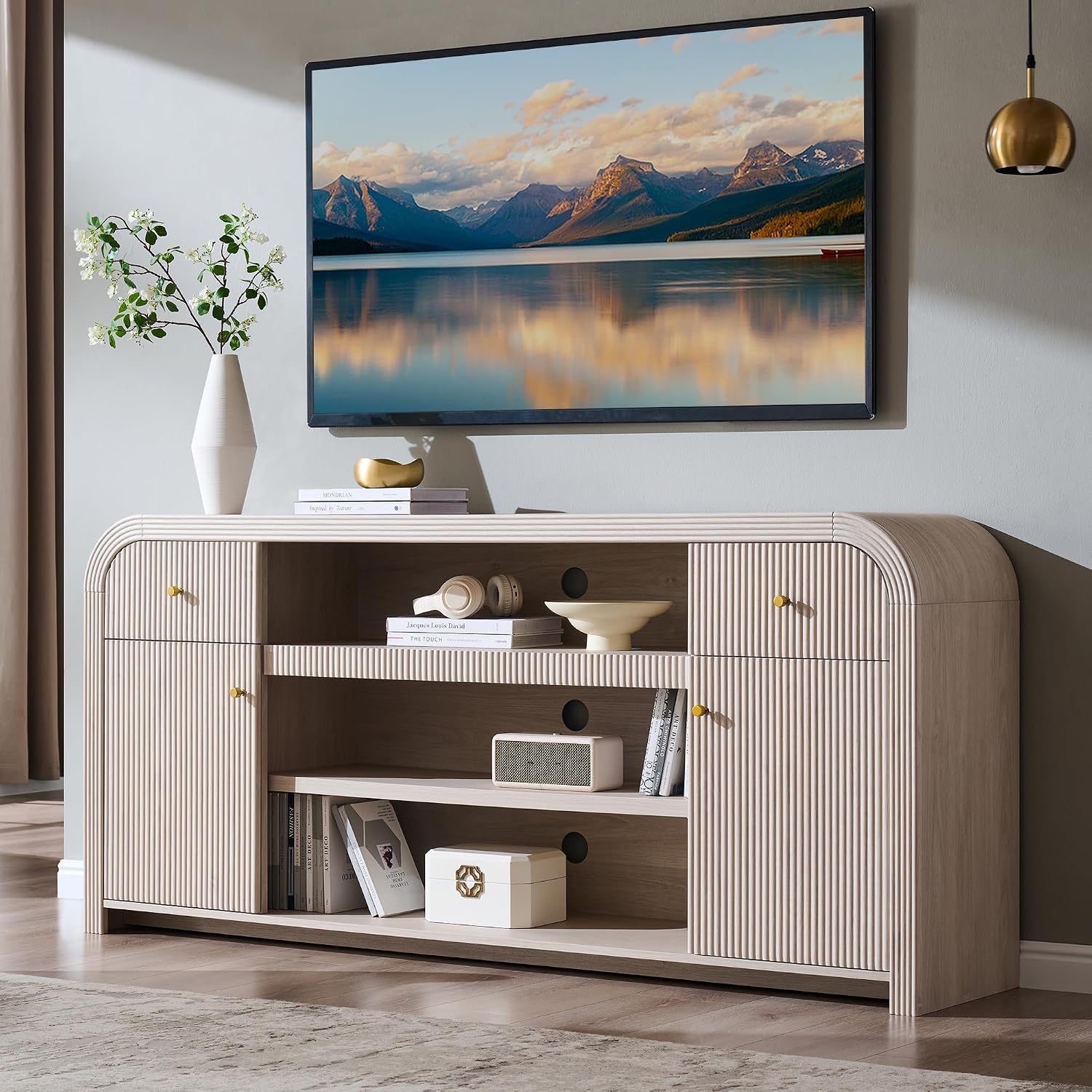 T4TREAM 70" Fluted TV Stand with Storage, 32" Tall Entertainment Center