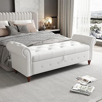 NIOIIKIT 63 Storage Ottoman Bench, Tufted Entryway Bench White Polyester