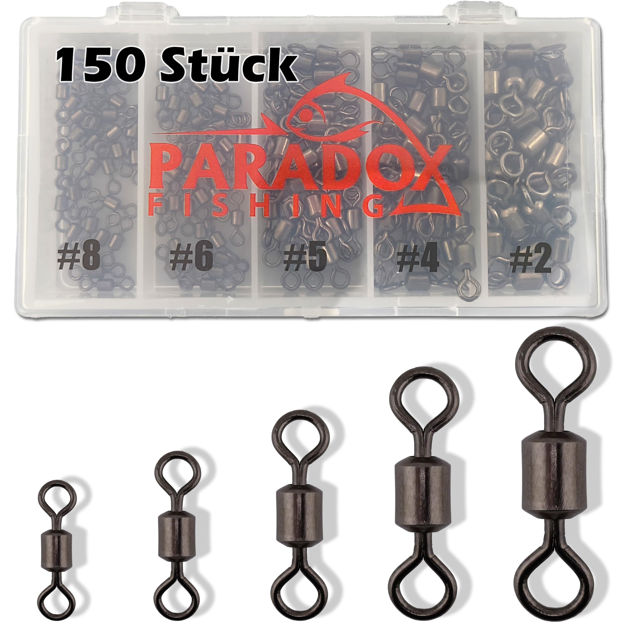 Paradox Fishing Zestaw krętlików baryłkowych 150 sztuk, po 30 szt. #8/#6/#5/#4/#2, krętlik, wędkarstwo, krętlik, zestaw akcesoriów wędkarskich
