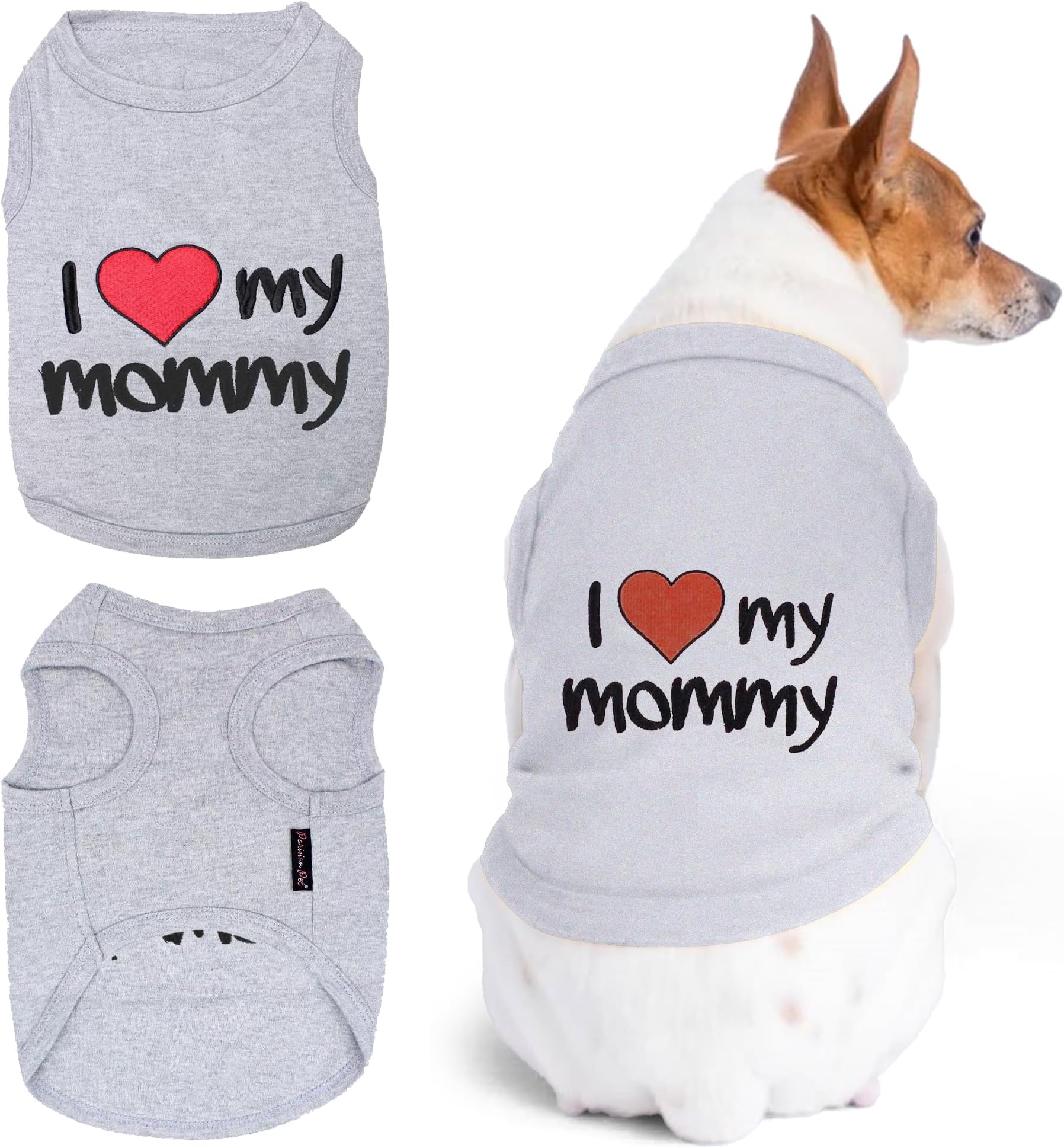 Parisian PetParisian Pet Unisex Dog T-Shirt with Embroidered 'I Love My Mommy' Words - 100% Cotton, I Love My Mom Shirt - Sleeveless Pet Vest - Grey Dog Shirts for Large Dogs, L