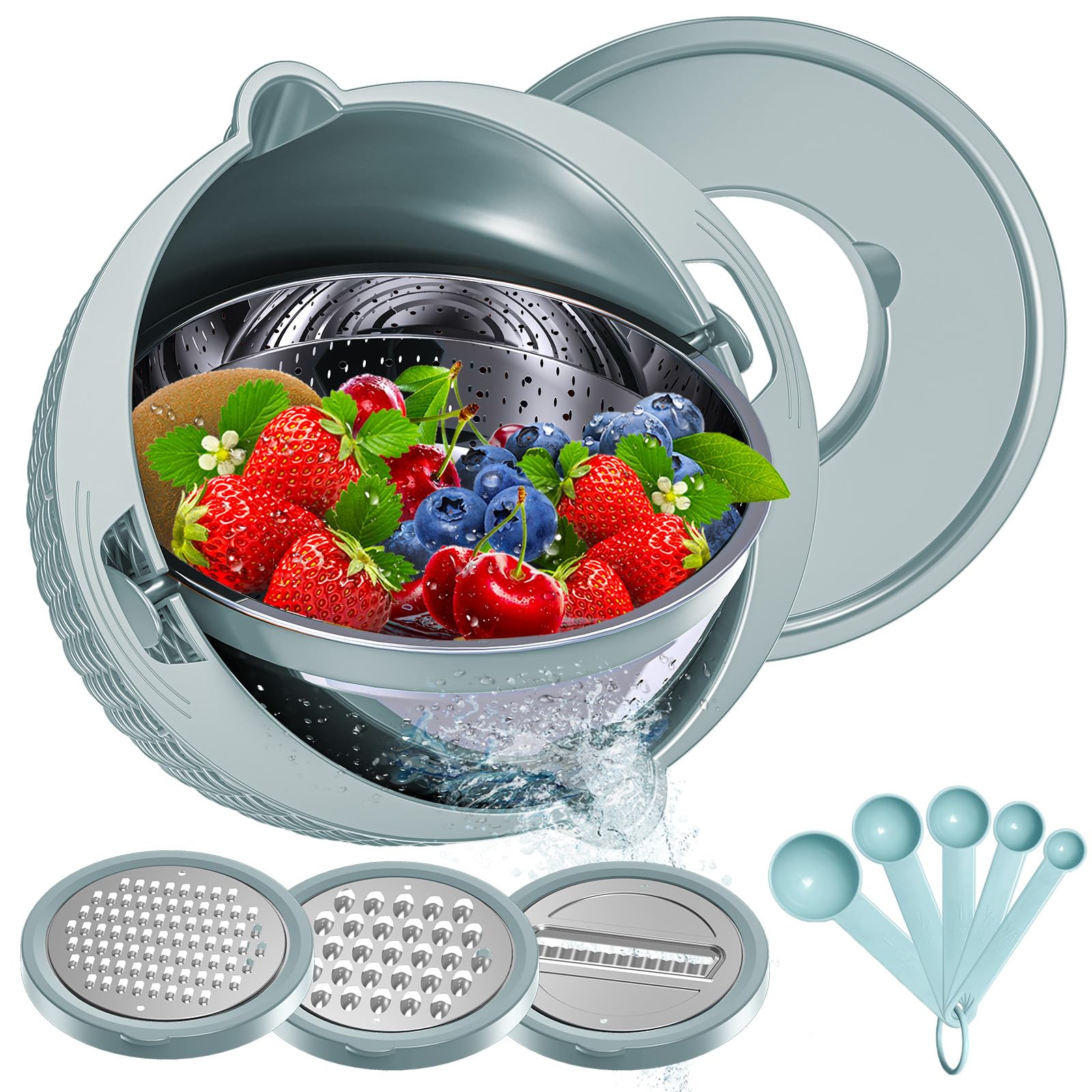 Juego de colador 4-1 con cuenco y cucharas, coladores y coladores (patentados), coladores para cocina, colador de alimentos con ralladores y cucharas mejorados, cuenco de frutas para pasta, frutas