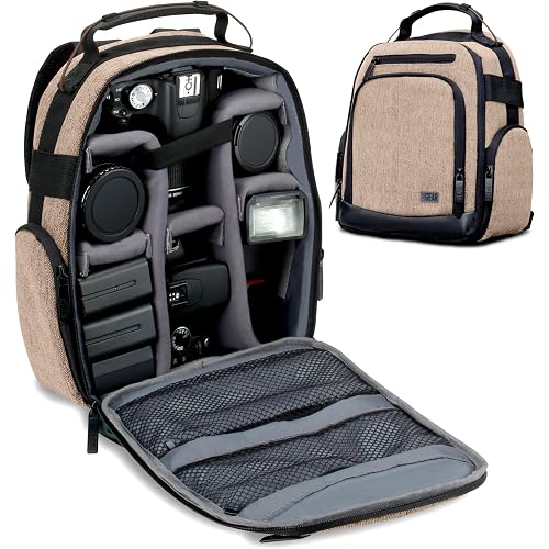 USA Gear Portable Camera Backpack for DSLR with Customizable Accessory Dividers, Weather Resistant Bottom and Comfortable Back Support - Compatible with Canon, Nikon, Sony, Fujifilm, and More (Brown)
