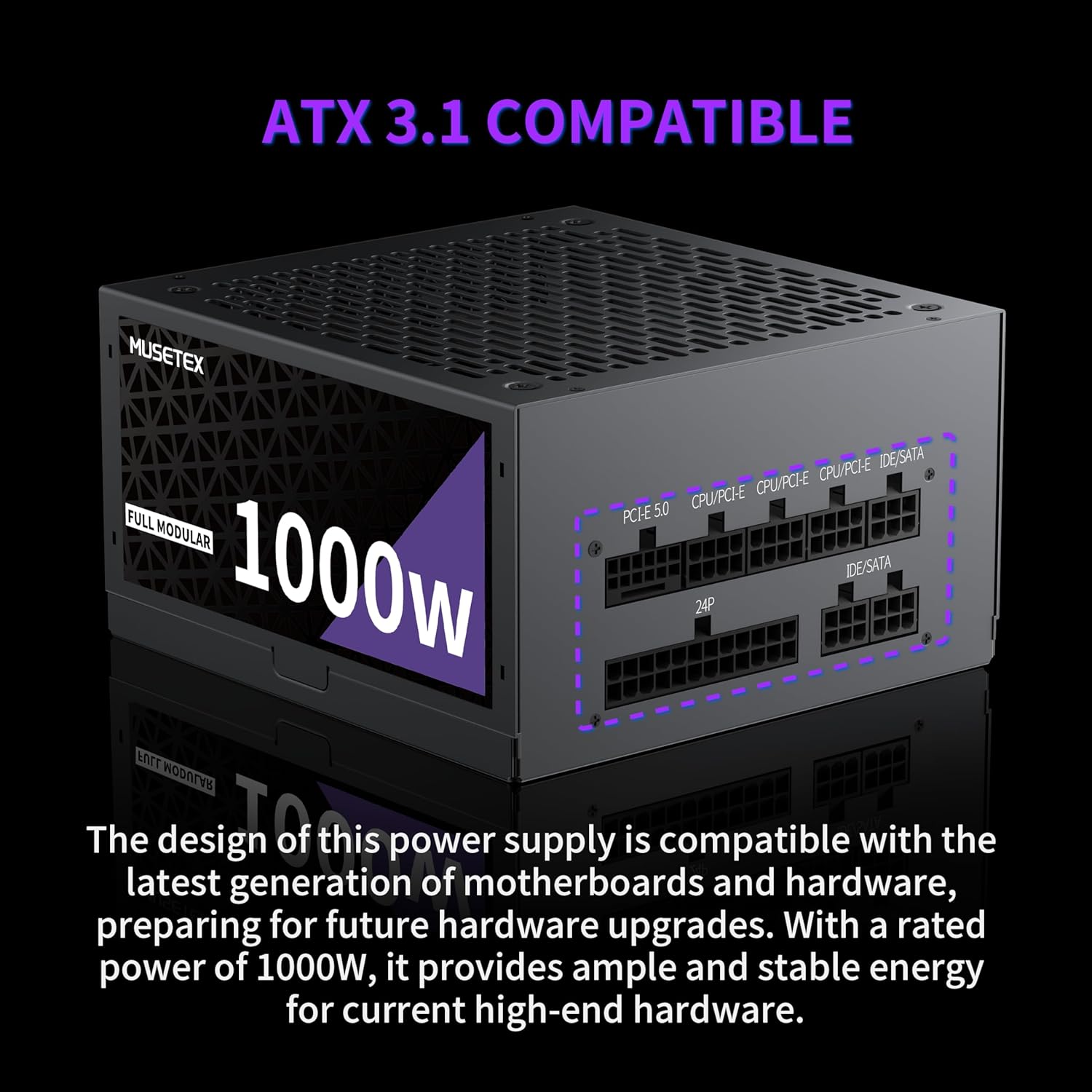 MUSETEX Y6 PC CASE ATX 3 x 120mm Fans Pre-Installed Bundled 1000W PC Power Supply