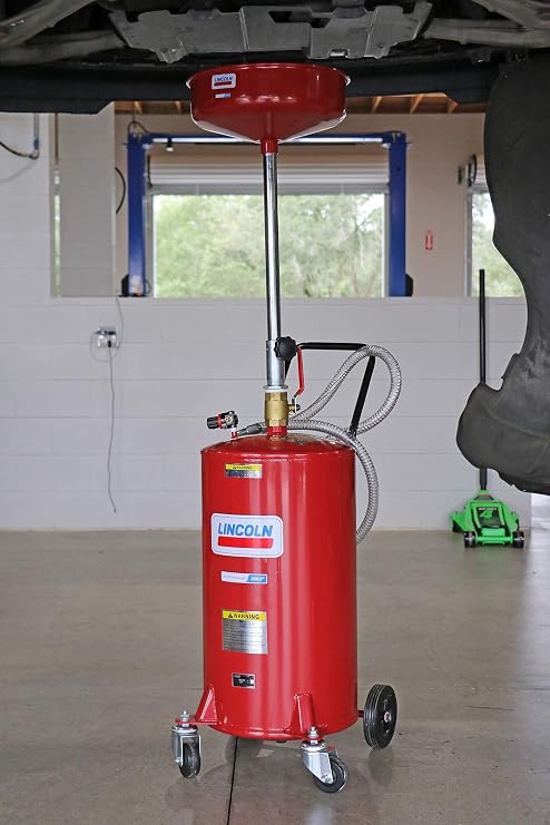 Lincoln 3601 Pneumatic 18 Gallon Pressurized Fluid Drain and Evacuation Tank, 45-72 Adjustable Funnel Height, Fluid Level Indicator, 14 Bowl, 150 PSI, 3 Swivel Casters, Steel Construction, Red
