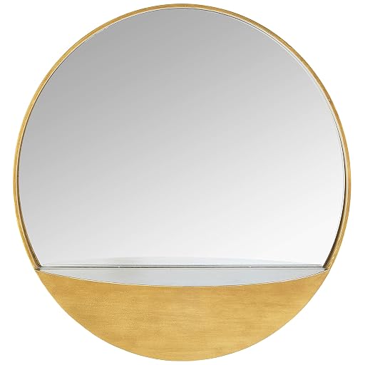 Rivet Modern Round Hanging Mirror with Shelf, Brass