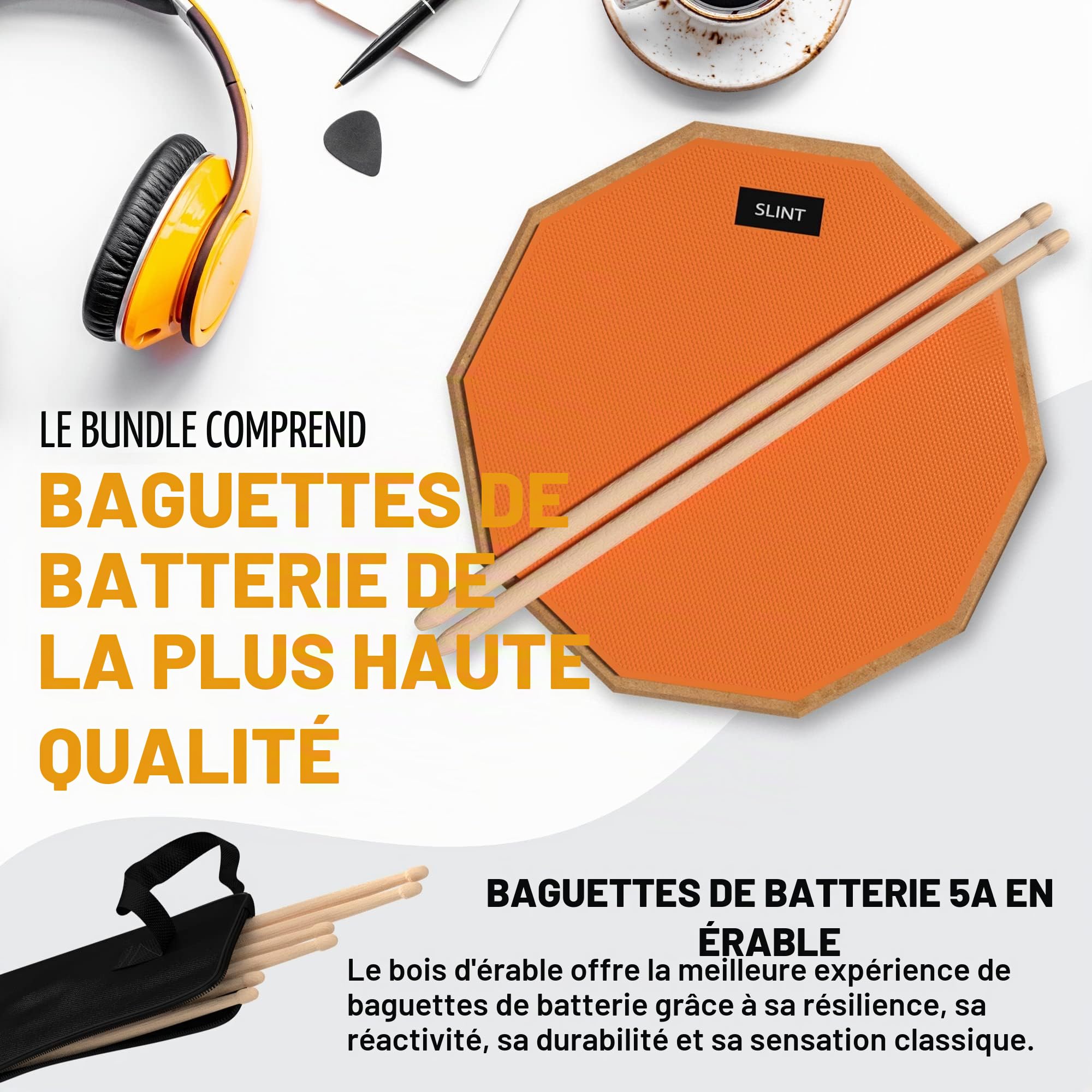SLINT Ensemble de tapis d'entraînement pour batterie – Pad double face de 30,5 cm avec caisse claire de 10,2 cm, idéal pour les débutants et les enfants