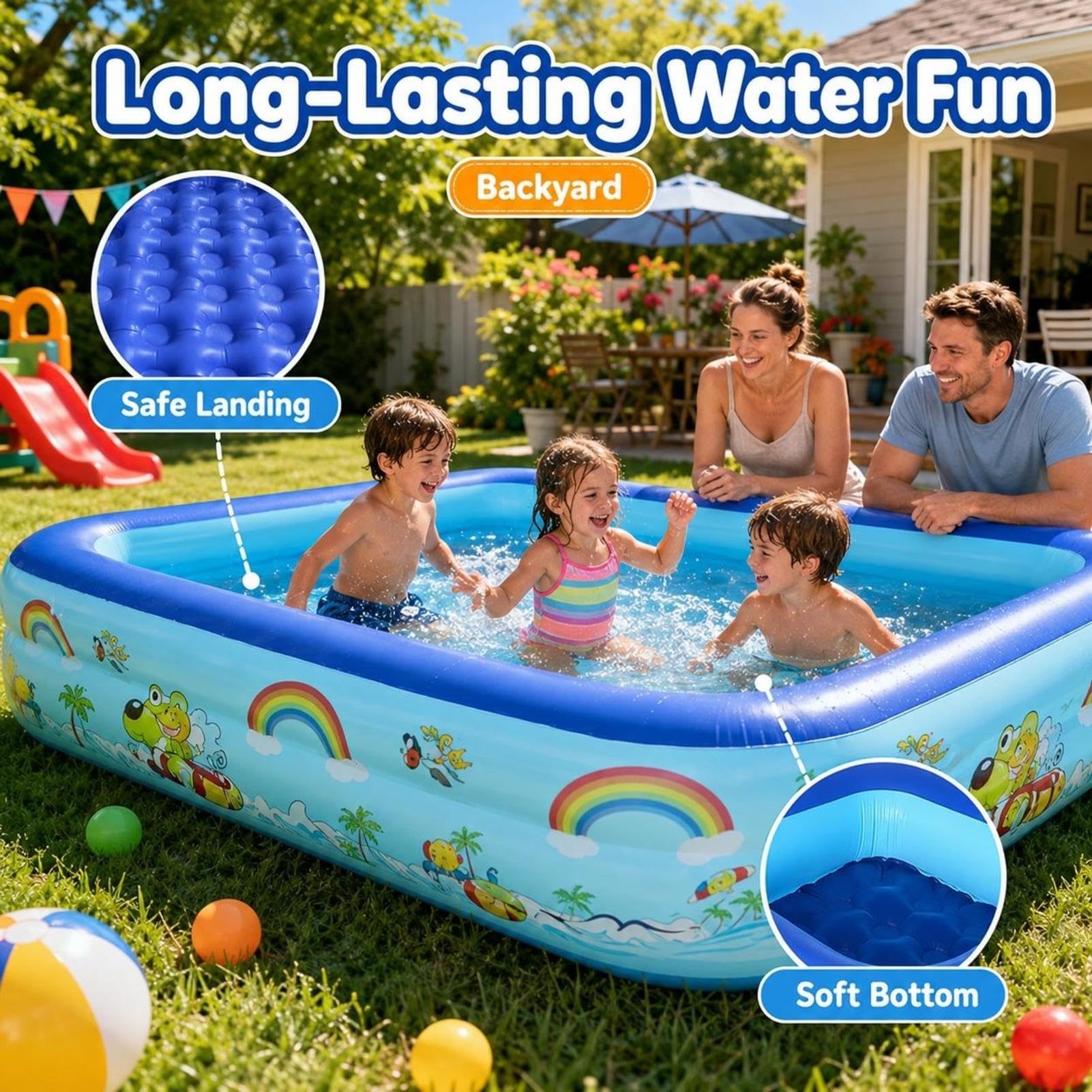 Aufblasbares Planschbecken | Rechteckig Verstärkt Mit Ablassventil | Aufblasbarer Pool Mit Weichem Boden | Rechteckige Familienbecken | Kinderpool Planschbecken Rechteckig Für Indoor Outdoor