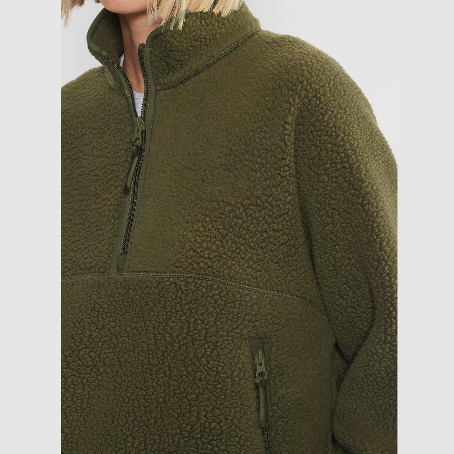 Fleece Sweatshirts for Women Cropped Long Sleeve Half Zip Pullover Sherpa Jacket Warm Fuzzy Coats with Pockets - Image 5