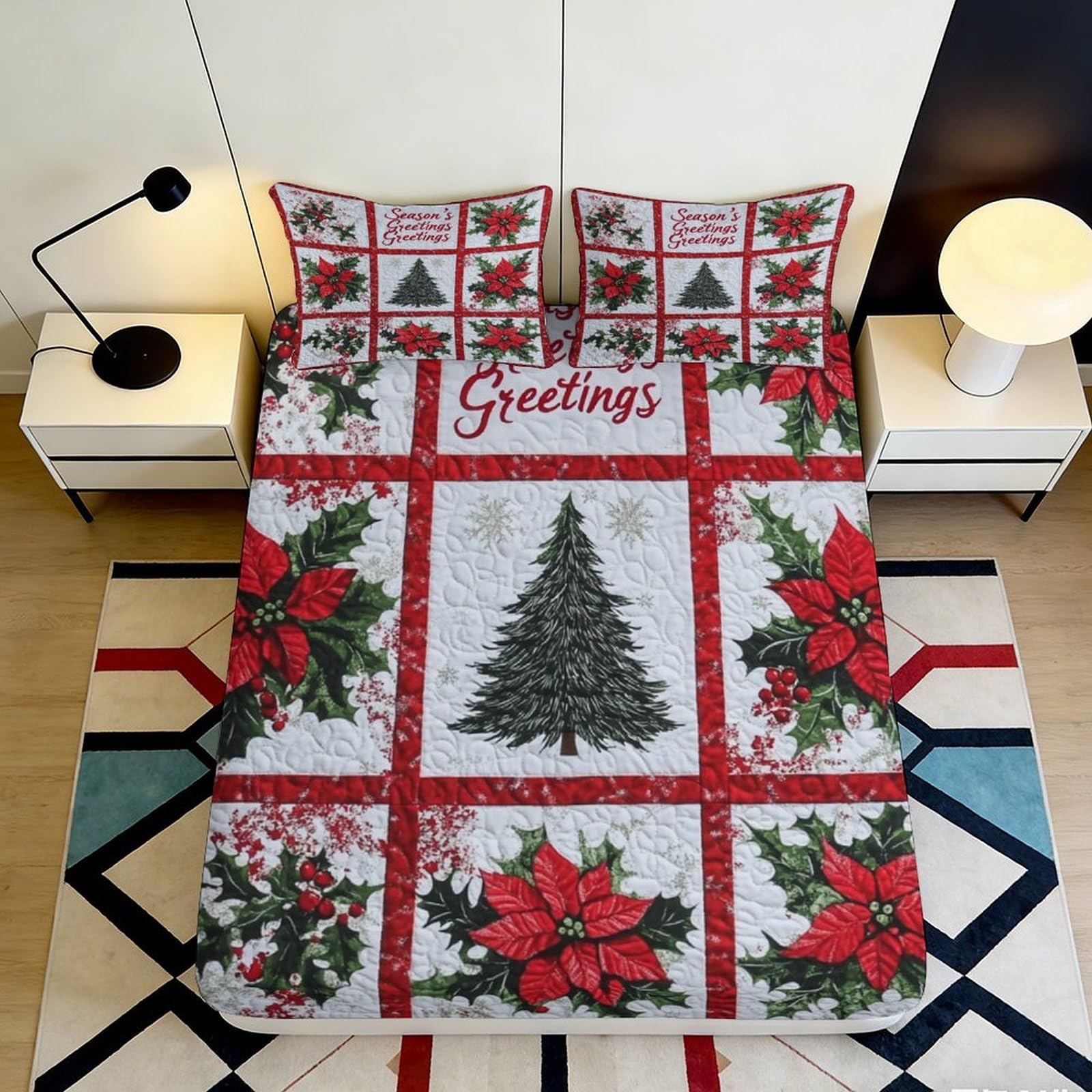 3D Printed Christmas Tree Fitted Sheet Microfiber Deep Pocket Elastic Hem Xmas Flower Mattress Fitted Cover Non-Slip Bedding 120x200x25cm