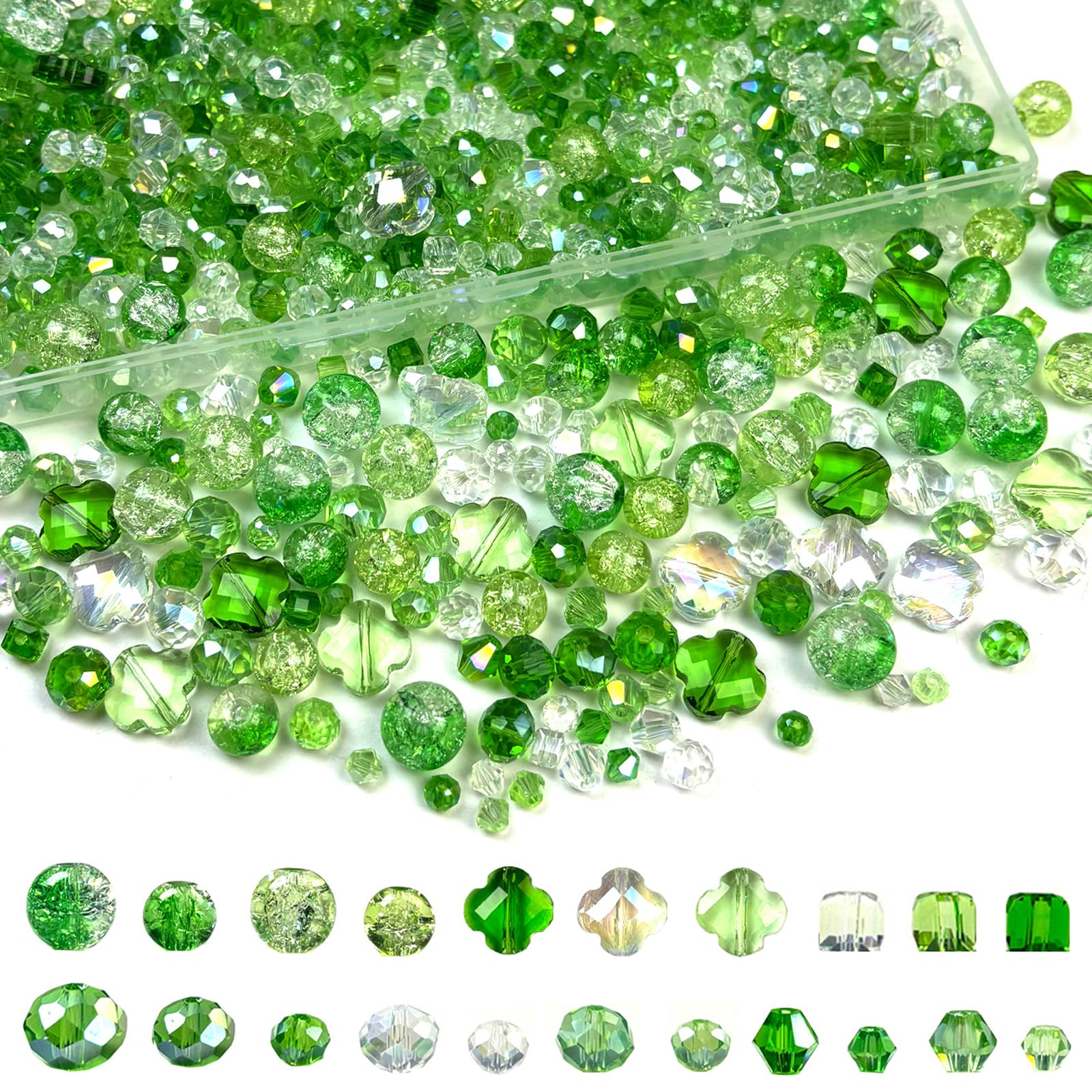 1000 cuentas de cristal para hacer joyas, cuentas de cristal para pulseras, manualidades, collares, aretes, colores surtidos, 5 estilos, redondas, briolette, facetadas, bicono, cubo, trébol de cuatro