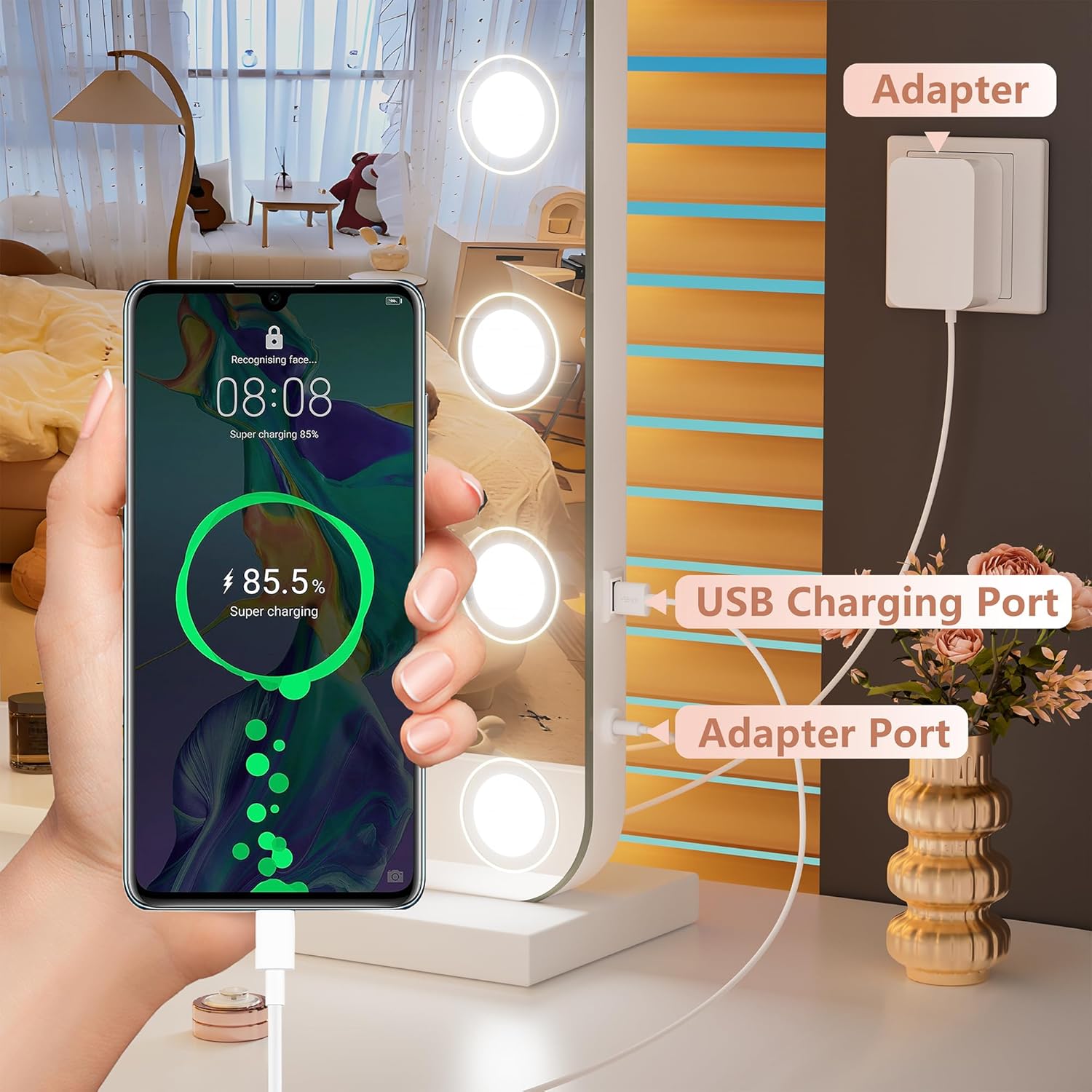 Hasipu Vanity Mirror with Lights, 40" x 32" Makeup Mirror, Light up Mirror with 19 Dimmable LED Lights and 10X Magnification, 3 Colors Modes, Touch Control, USB Charging Port, White (Round)