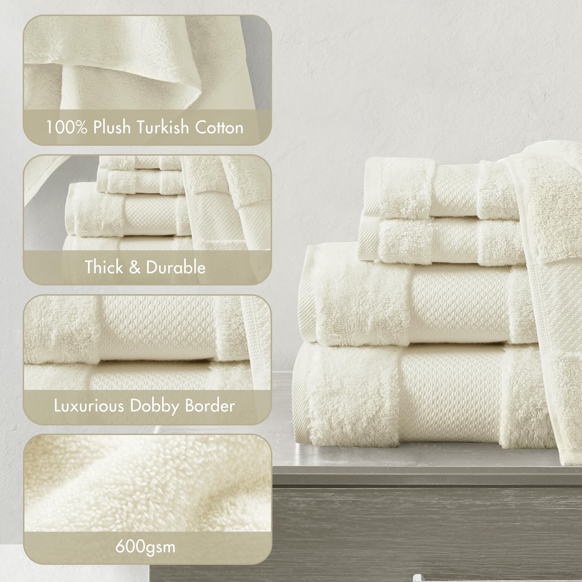 Madison Park Signature Juego de Toallas turcas 100% algodón de 600 g/m², de Lujo, Gruesas, Suaves, absorbentes, para Hotel, Toallas de baño, Ducha, Cara, Varios tamaños, Natural, 6 Piezas