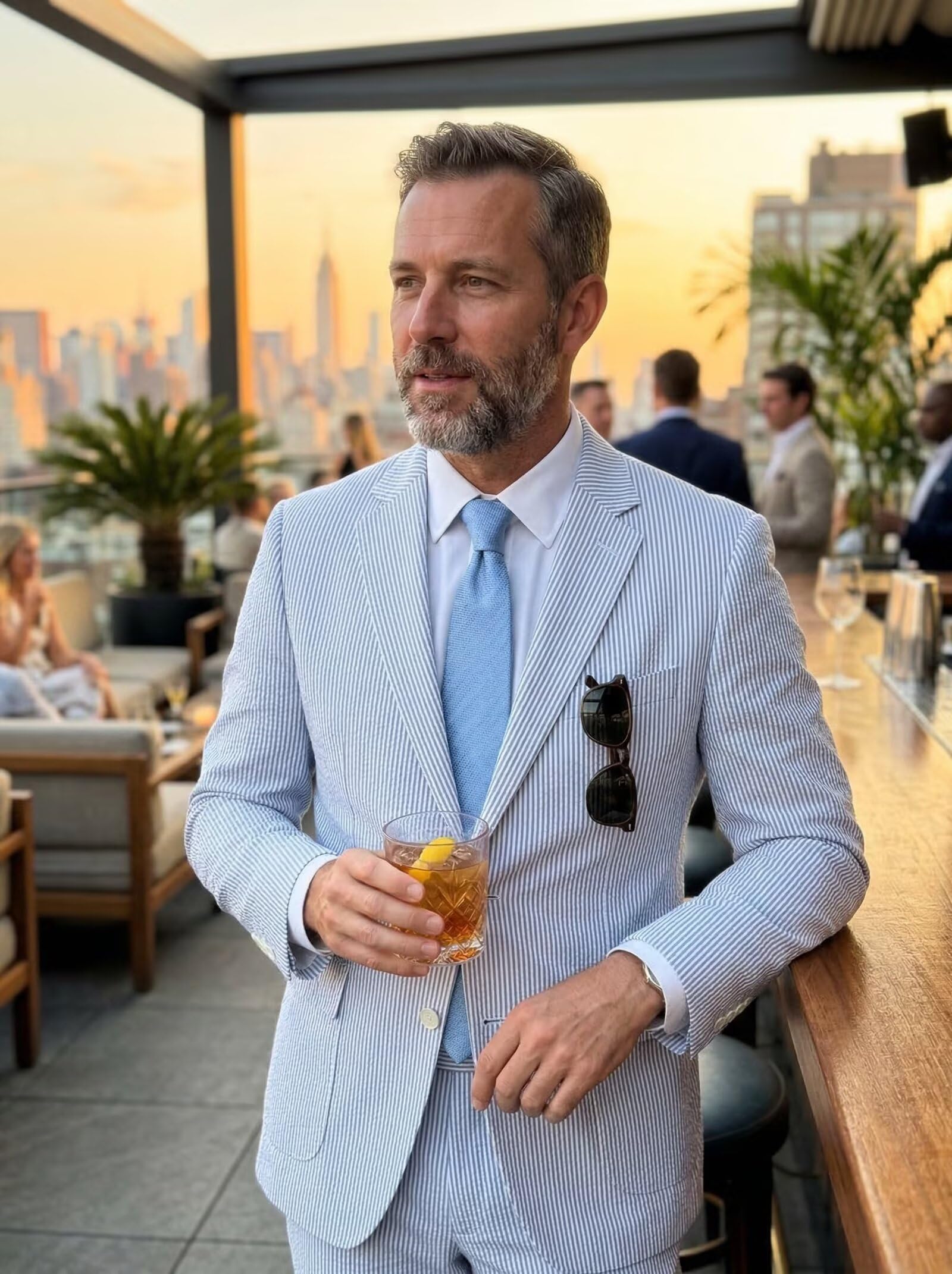 Completo da uomo in seersucker blu, 2 pezzi, per estate, spiaggia, matrimonio, sposo, abito a righe, con blazer e pantaloni, set leggero traspirante