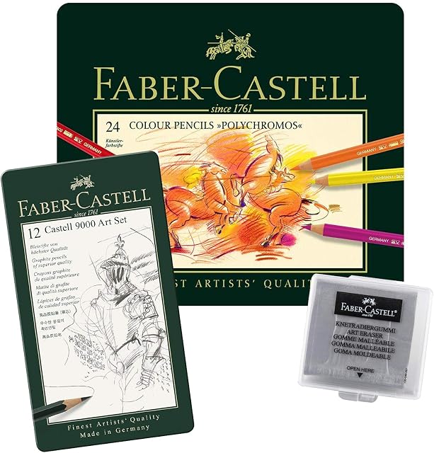 Faber-Castell 110024 Artist Colouring Pencils 24 Polychromos Metal Case 24er Metalletui | Radierer | BS Castell 9000