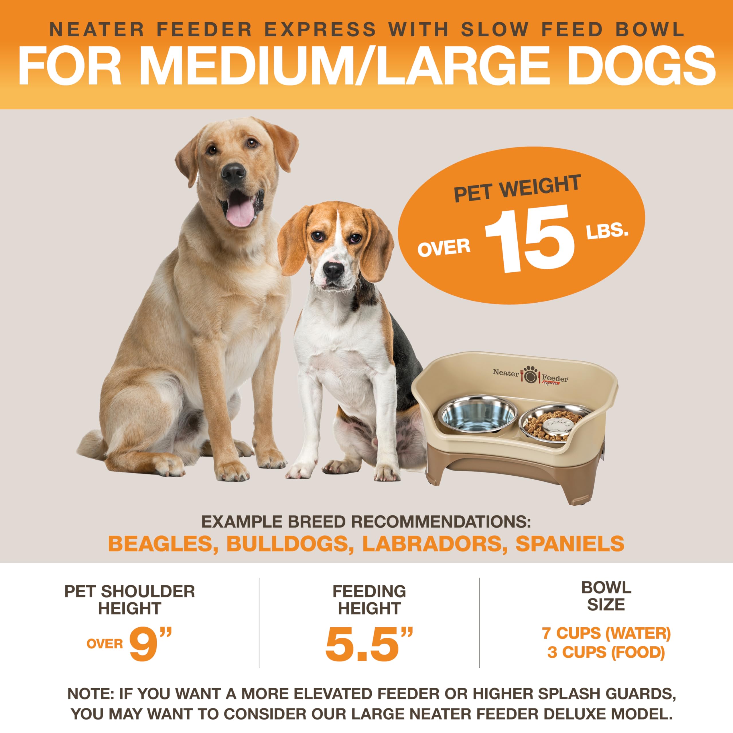 Neater Feeder - Express Model w/Slow Feed Bowl - Mess-Proof Dog Bowls (M/L, Cappuccino) Made in USA –Elevated, No Spill, Non-Tip, Non-Slip, Raised Stainless Steel Food/Water Pet Bowls Aid Digestion