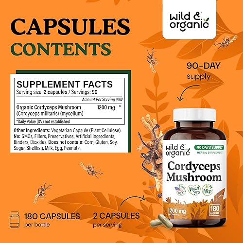 Miniatura 3 de Wild & Organic Cordyceps Cápsulas de 1200 mg - Apoyo inmunológico - Suplemento en polvo de hongos Cordyceps - Extracto de micelio puro - Vegano, sin