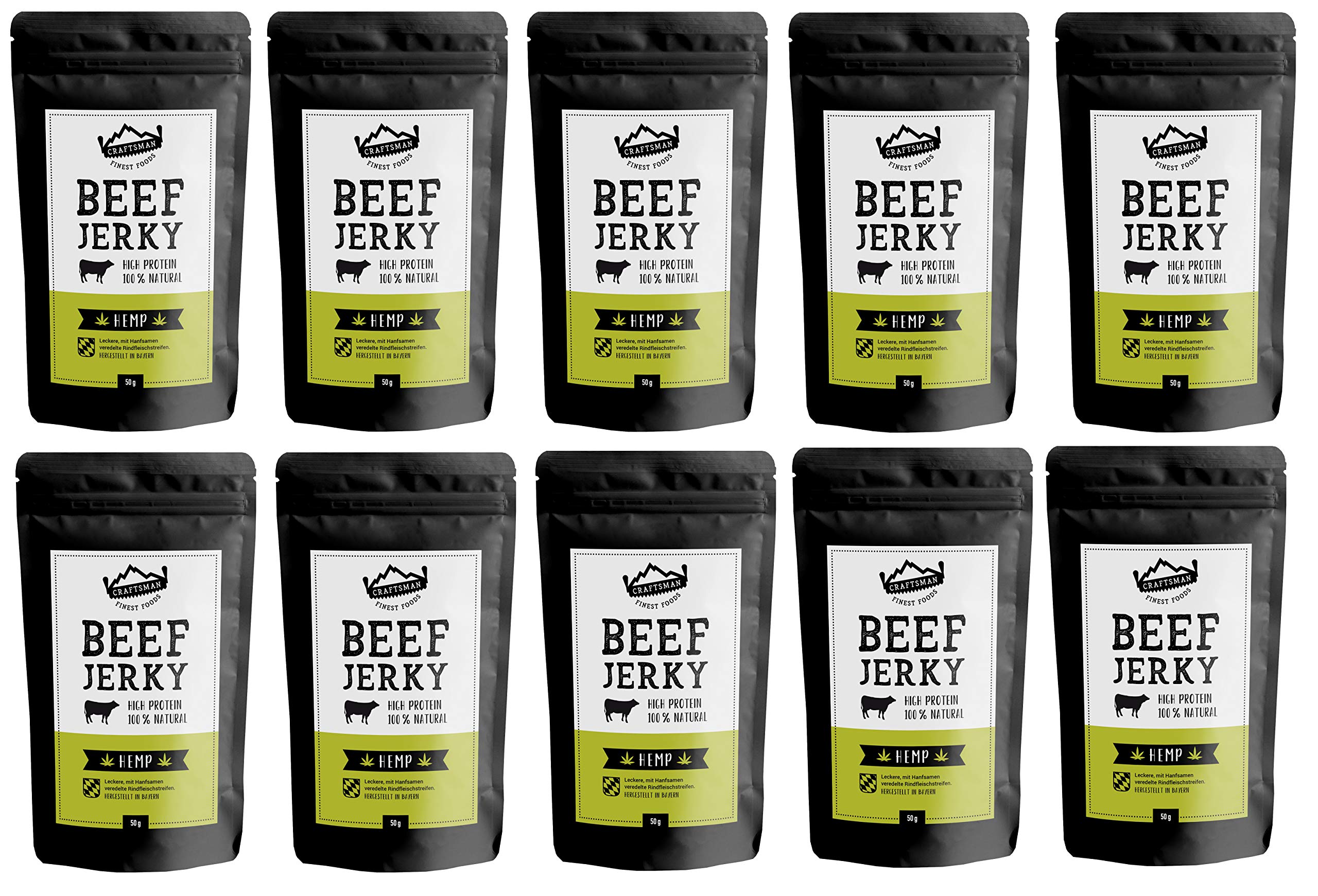 Craftsman Beef Jerky Hemp | 10 x 50 g = 500g | 100% Natürlich | Ohne Zucker | Trockenfleisch aus Deutschland - Bayern | Weiderind | 68% High Protein | mit Hanfsamen