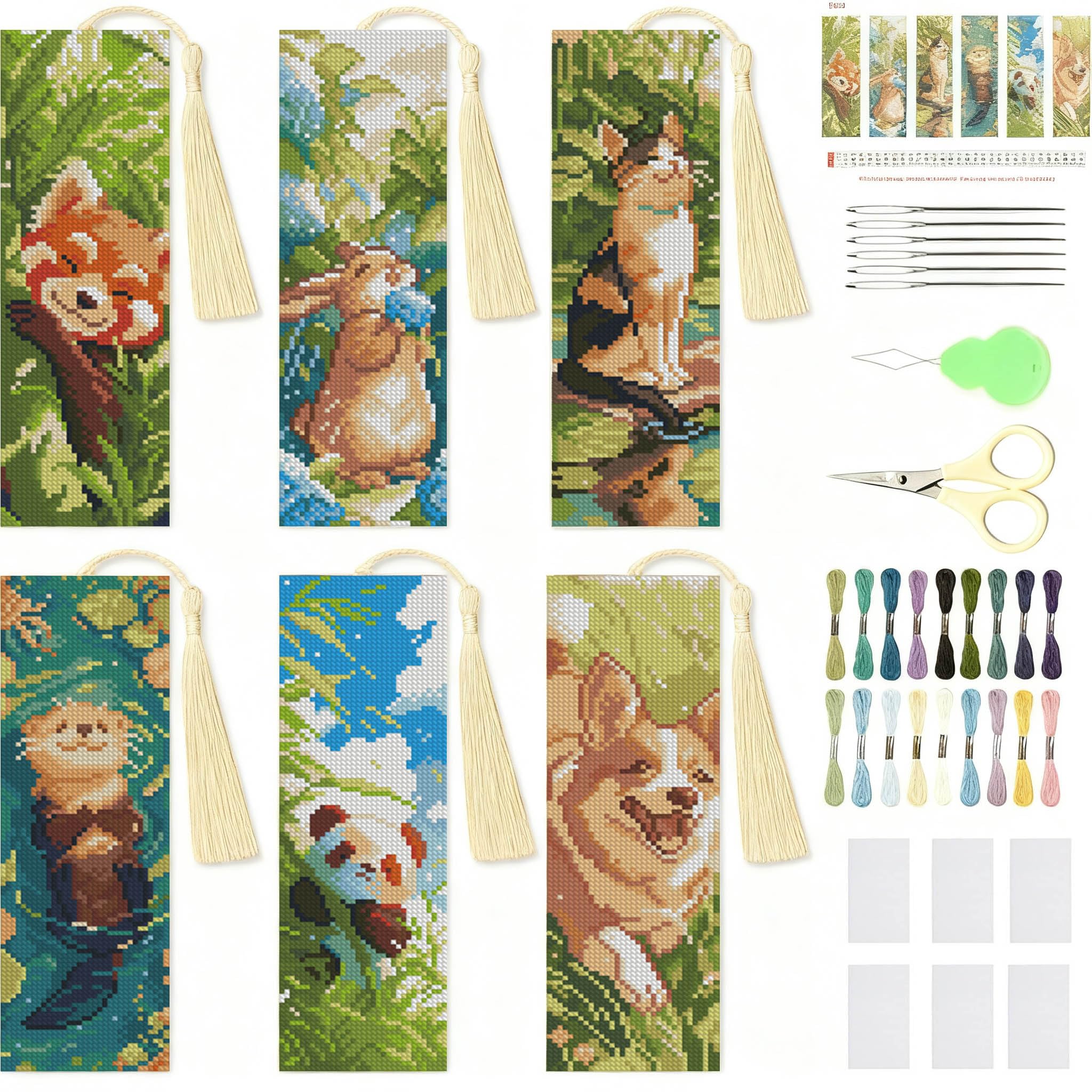 Jakener 6 Pcs Animal Cross Stitch Bookmark Kit for Adult Beginners,Cross Stitch Kits 14 CT DIY Crossstitch Kits Adult Stamped Bookmark Embroidery Bookmarks Kit