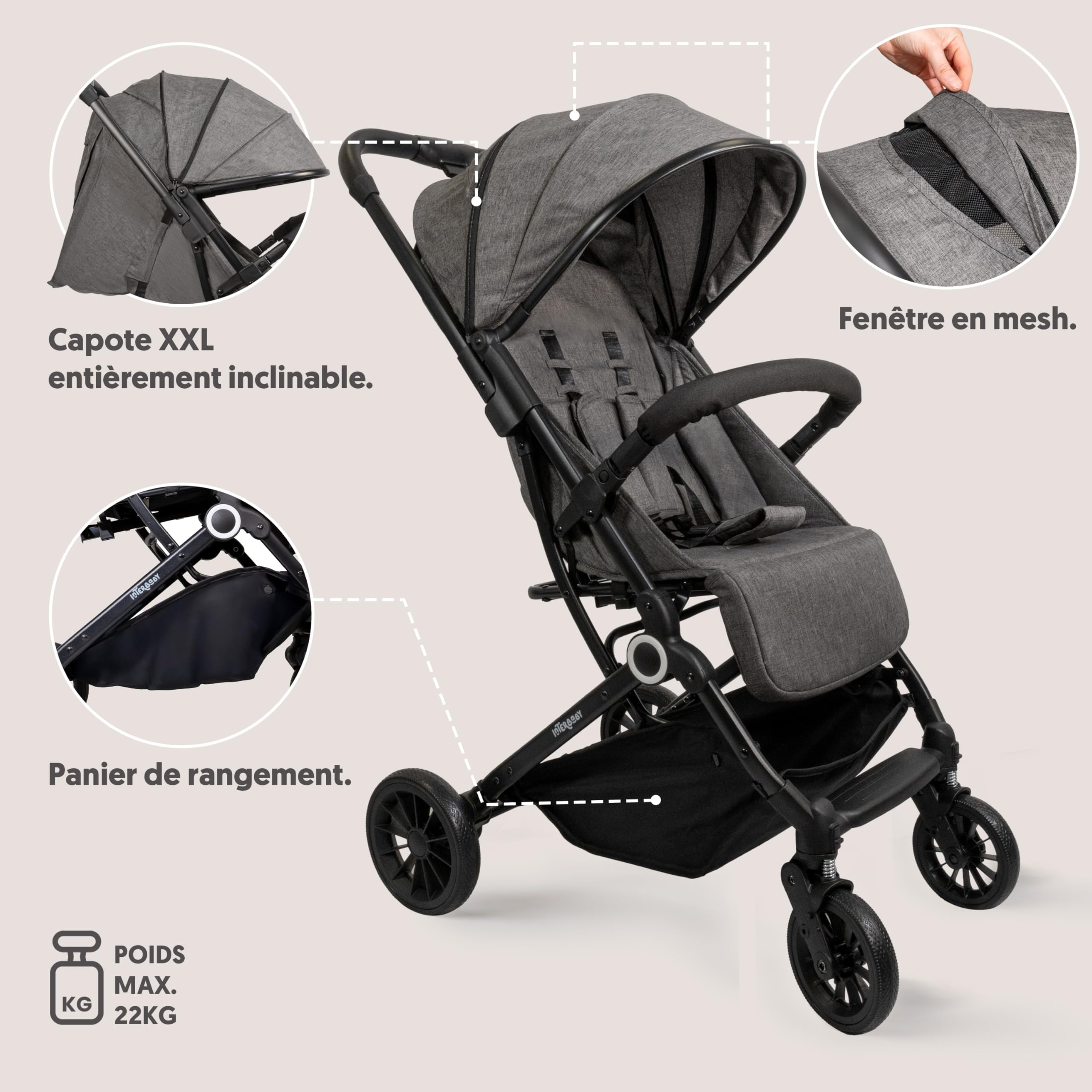 Interbaby Poussette Canne Légère Bébé Voyage 22 kg, Capote XXL (Gris) | Poussette compacte de la naissance à 48 mois, capote XXL interchangeable, amortisseurs, accoudoirs, pliage rapide
