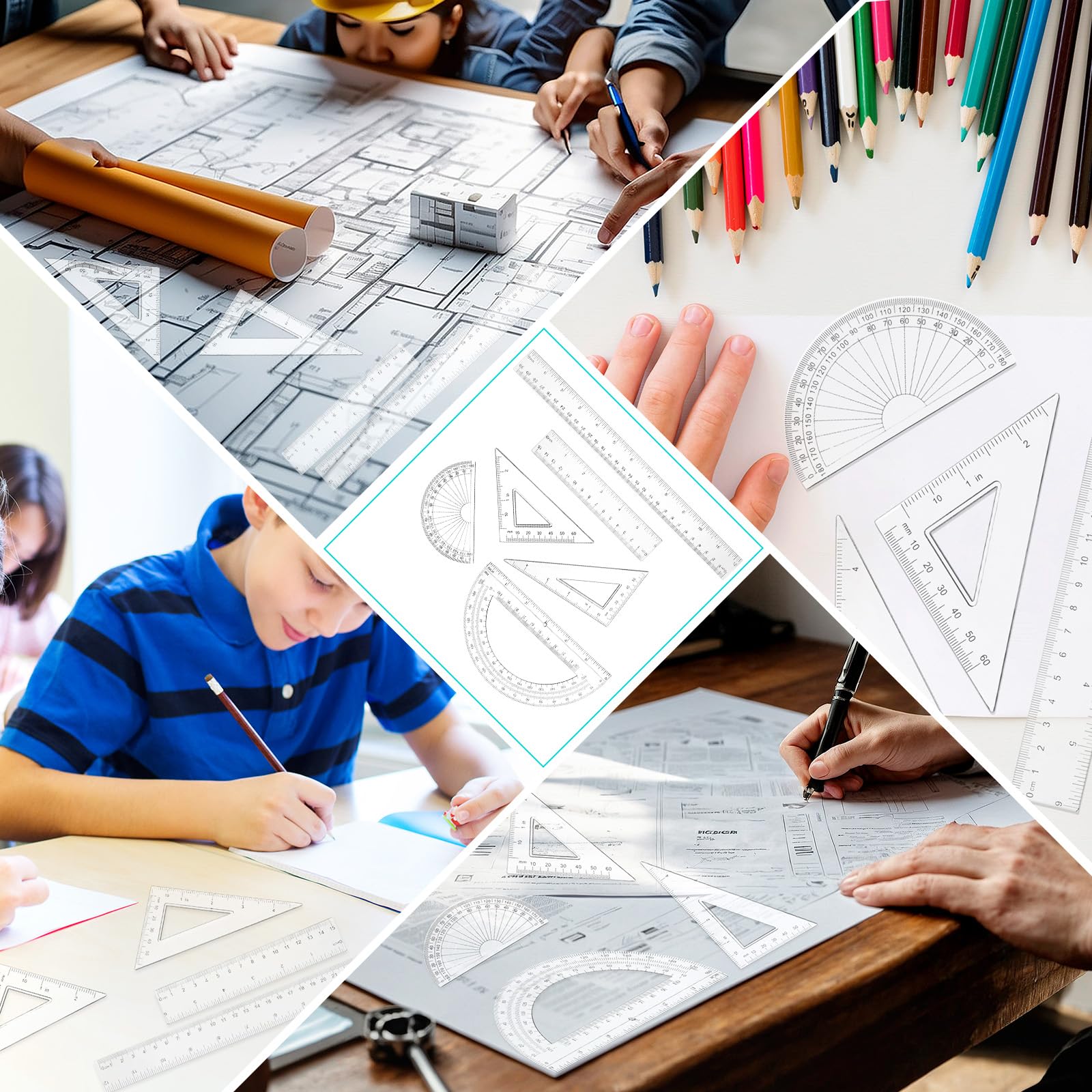 6PCS Small Clear Ruler 1 Set Plastic Geometry Set Includes 12 Inch 6 Inch Student Transparent Straight Rulers, 6" 4" Math Protractor, 30/60 and 45/90 Triangle Kids Ruler for School Office Supplies - Image 7