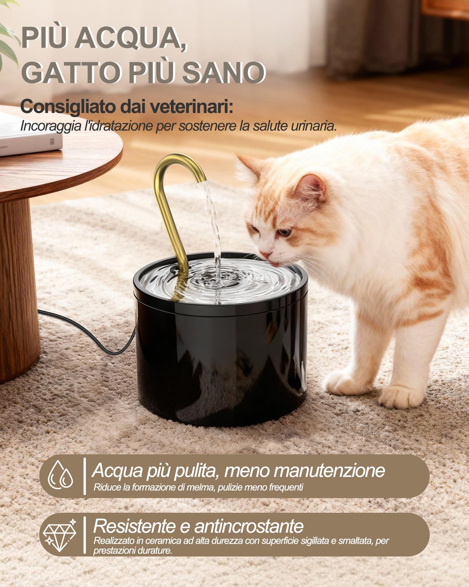 Kittyspout Fontana per gatti in ceramica 1,2L con 2 Filtri Inclusi | Pompa ultra silenziosa, fontana nera con rubinetto in rame, adatta a gatti e cani di piccola taglia