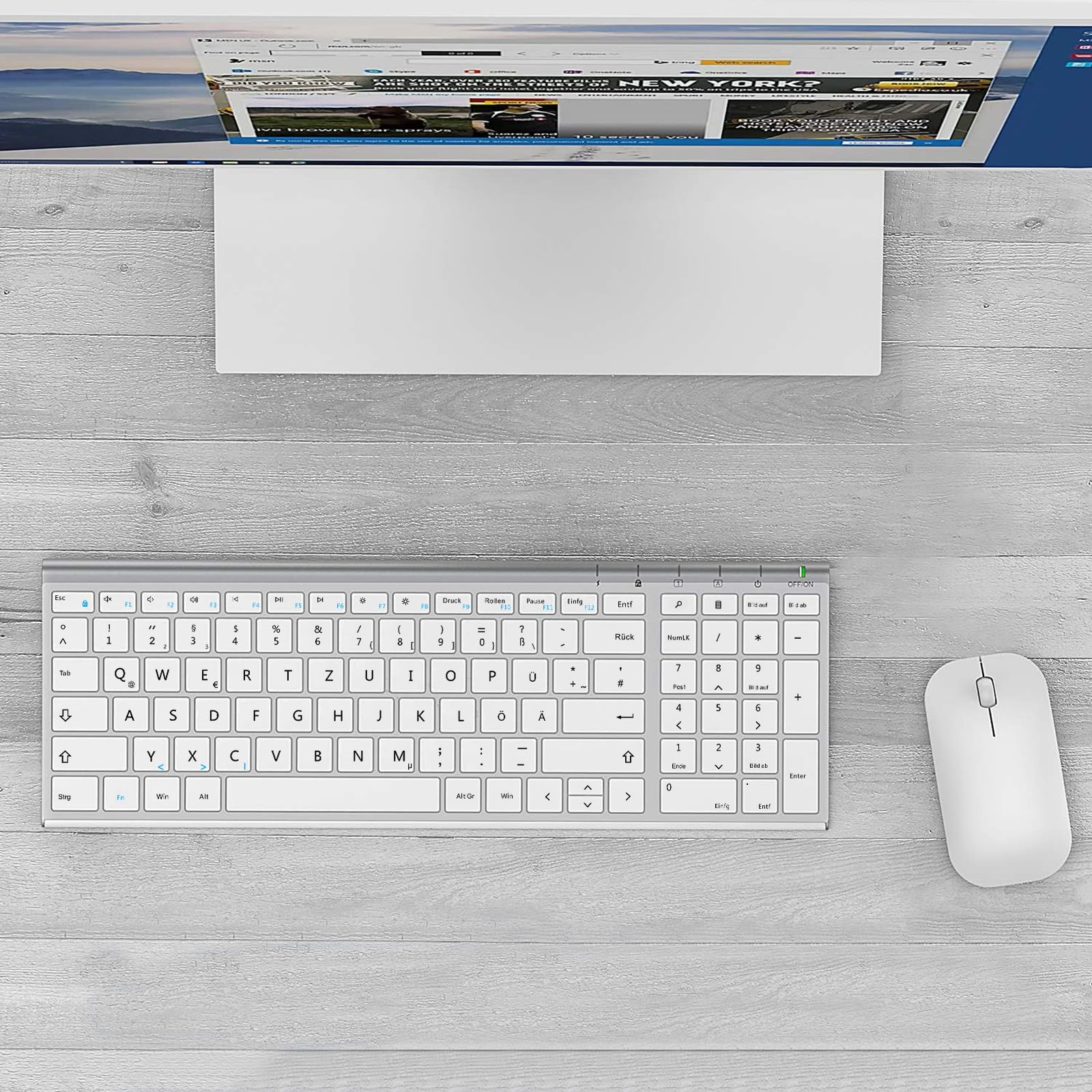 seenda WGJP-031B teclado ratón Set Inalámbrico, QWERTZ Layout, Blanco y Plata | Teclado de aluminio recargable con teclado inalámbrico compacto y ultrafino con ratón para PC, ordenador portátil, Smart TV