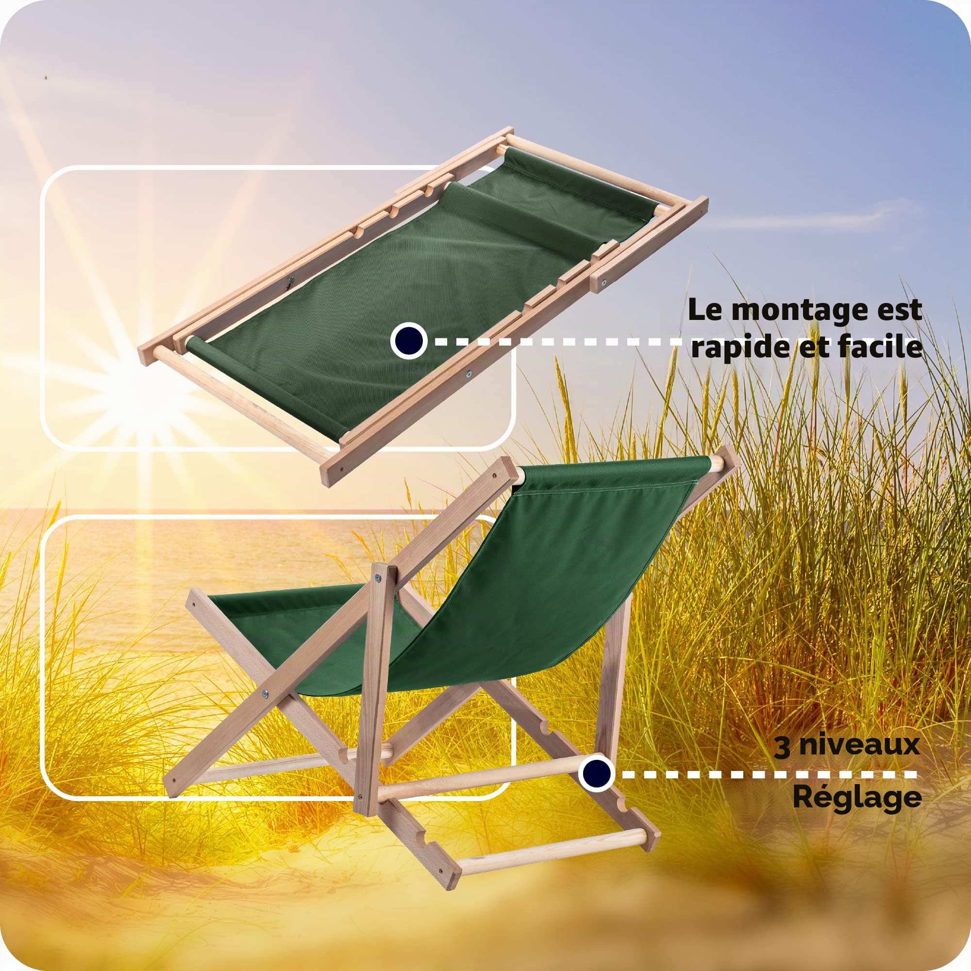KADAX Chaise Longue Pliable en Bois pour se Détendre Confortablement à la Plage, sur Le Balcon ou dans Le Jardin, Transat Pliant d'Extérieur (Vert Foncé)