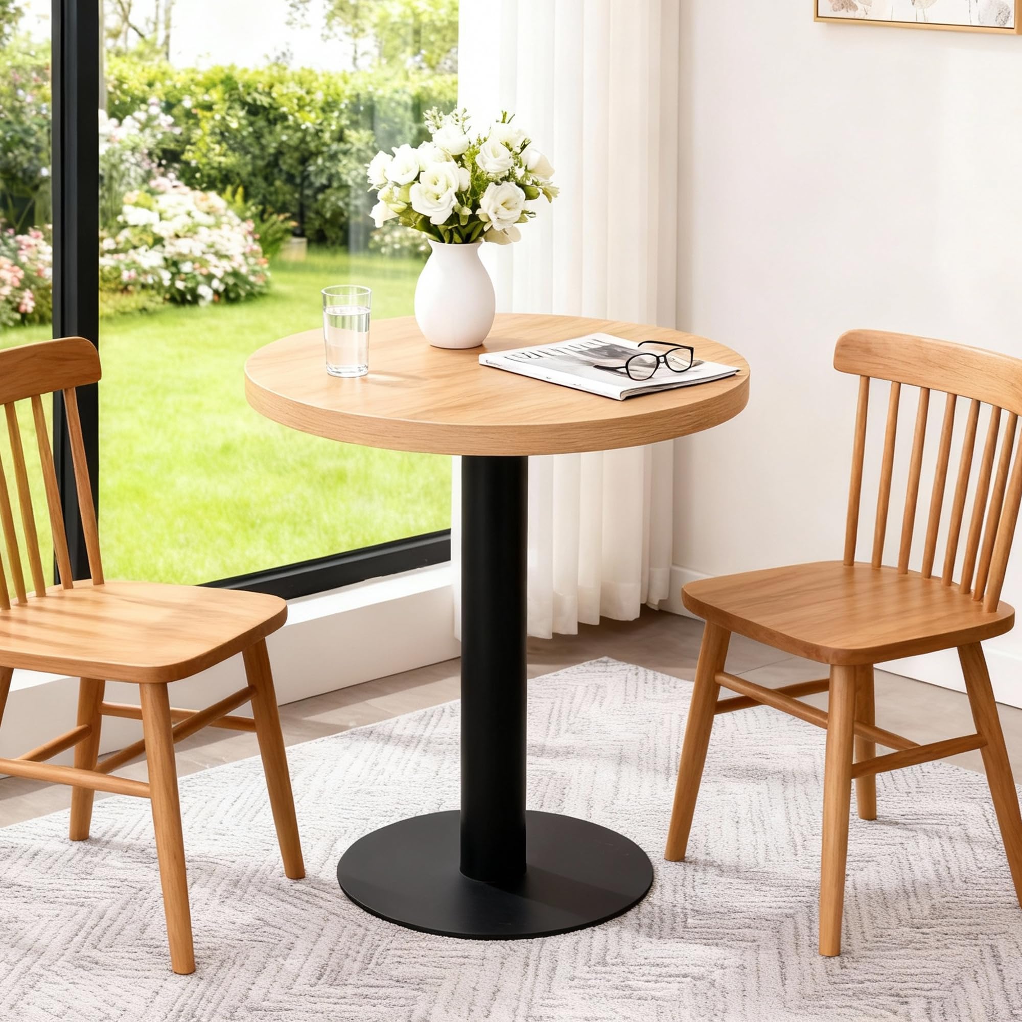 Mingone Esstisch Rund 60cm Küchentisch Klein Esszimmertisch mit Holzplatte Runder Tisch Eiche-Optik mit Metallbein für Wohnzimmer Balkon Esszimmer